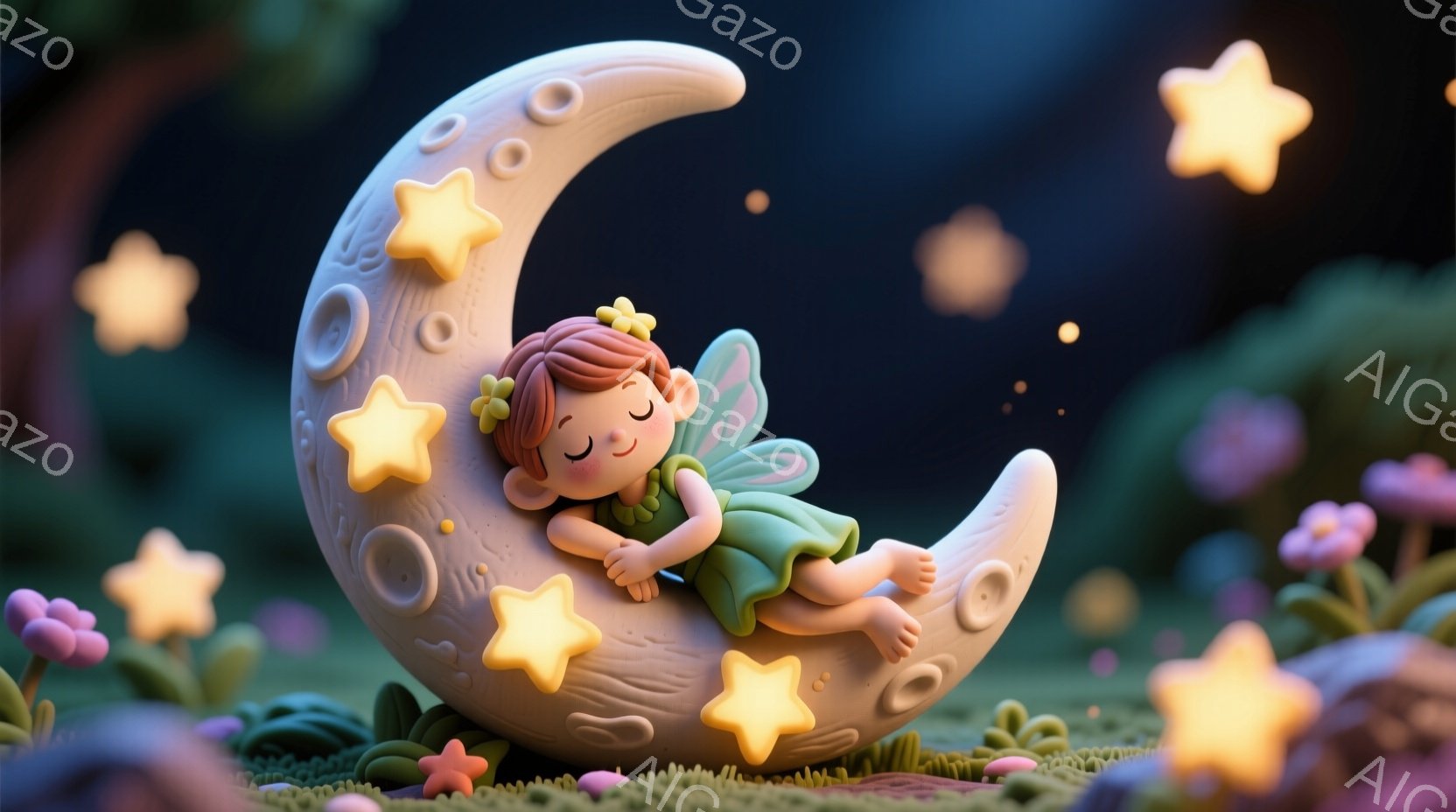 小さな妖精が三日月の上に仰向けに寝ており、緑色の服を着て、オレンジ色の髪には花飾りをつけています。彼女は目を閉じ、穏やかな表情で、星が散りばめられた草の上に横たわっています。背景には、ぼやけたピンクと - AI生成フリー素材