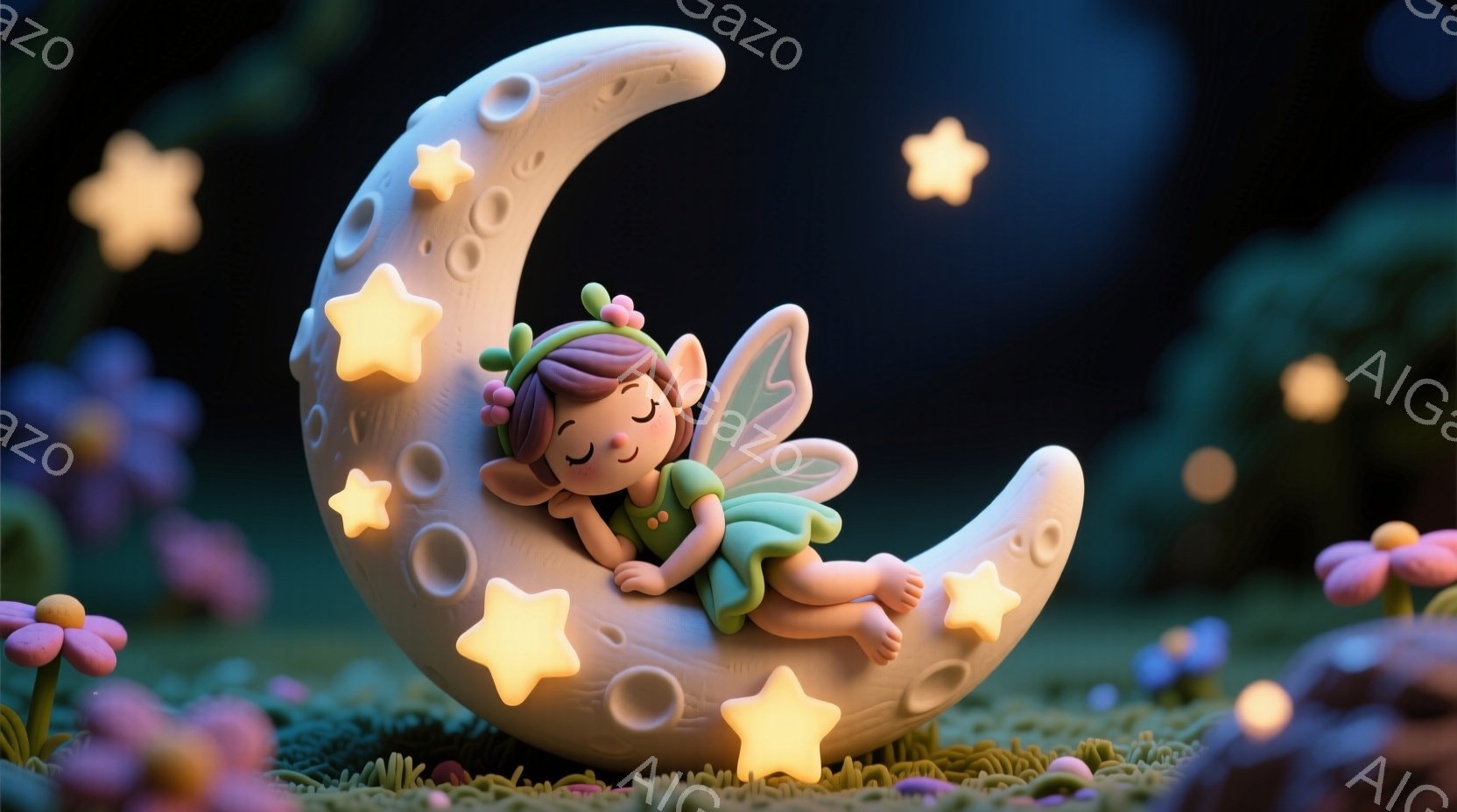小さな妖精が三日月の上に横たわり、眠っています。彼女は緑色のドレスと花柄の髪飾りをつけており、顔は穏やかな表情で、まるで夢を見ているかのようです。背景にはピンクと紫色のキノコや花が咲き乱れ、星が輝く幻想的な夜の風景が広がっています。