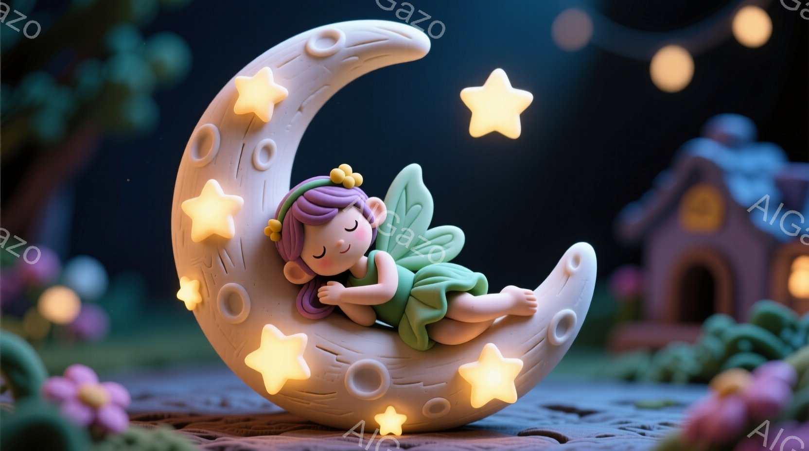 紫色の髪を三つ編みにし、緑色のドレスを着た小さな妖精が、満月のような白いクッションの上で眠っています。周りには明るい黄色い星が散りばめられ、背景には小さな家々と緑豊かな植物が見えます。全体的に夢のような、穏やかで幻想的な雰囲気が漂っています。