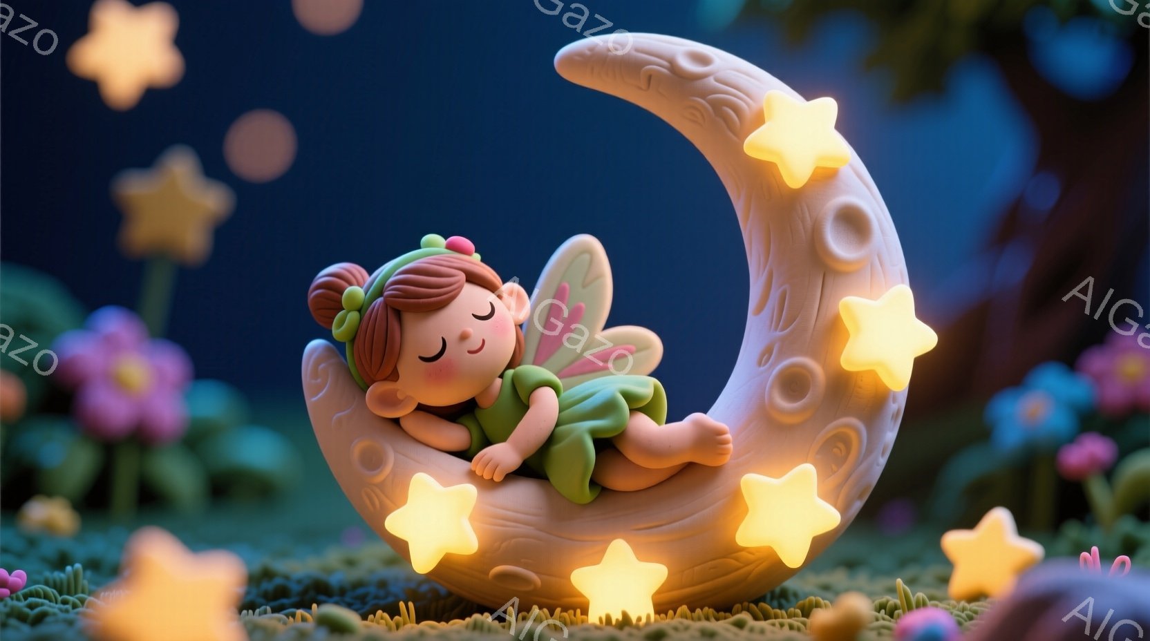 可愛らしい少女が月の上に横たわって眠っています。緑色の葉っぱで作られたドレスを着ており、赤茶色の髪を玉ねぎのように丸めて、頭の上に可愛らしいリボンをつけています。背景には、輝く星やピンクや紫の花が咲き乱れ、幻想的で温かい雰囲気を作り出しています。