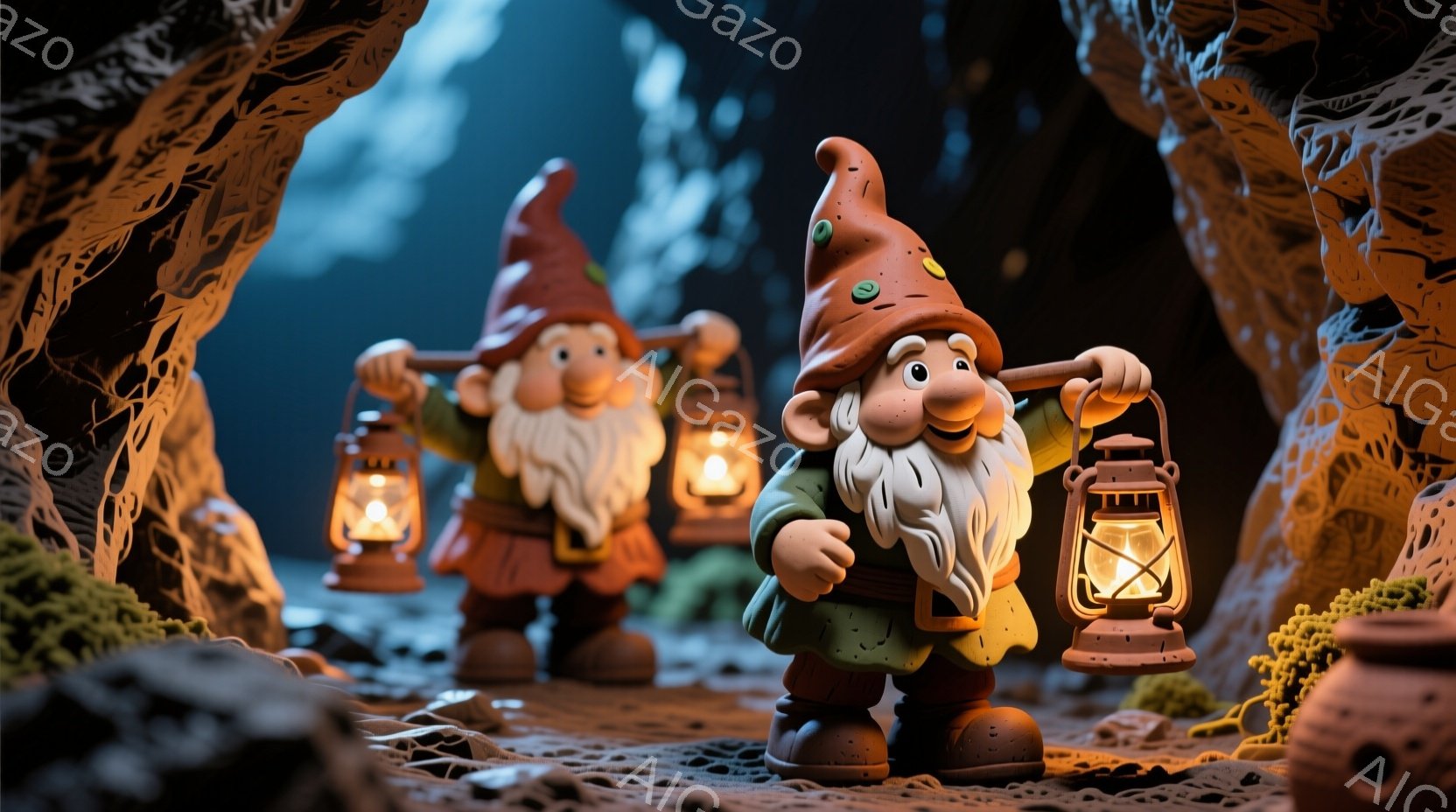 2人の庭のノームが、それぞれ提灯を持って立っている。彼らは赤い帽子と緑色の服を着ており、長く白い髭と笑顔を浮かべている。背景は複雑な模様の岩壁で、地面には土と苔が生えており、全体的に幻想的で温かい雰囲気である。