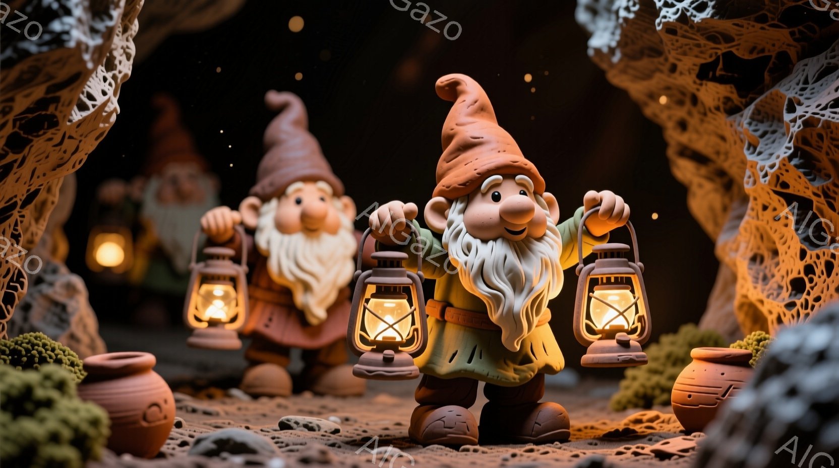 土のトンネルの中に立つ複数の小人たちが描かれています。彼らは赤い帽子をかぶり、白いひげを生やし、笑顔を浮かべており、それぞれ手に提灯を持って、明るい光を放っています。背景には苔むした岩や土製の壺があり、暖かく幻想的な雰囲気を醸し出しています。