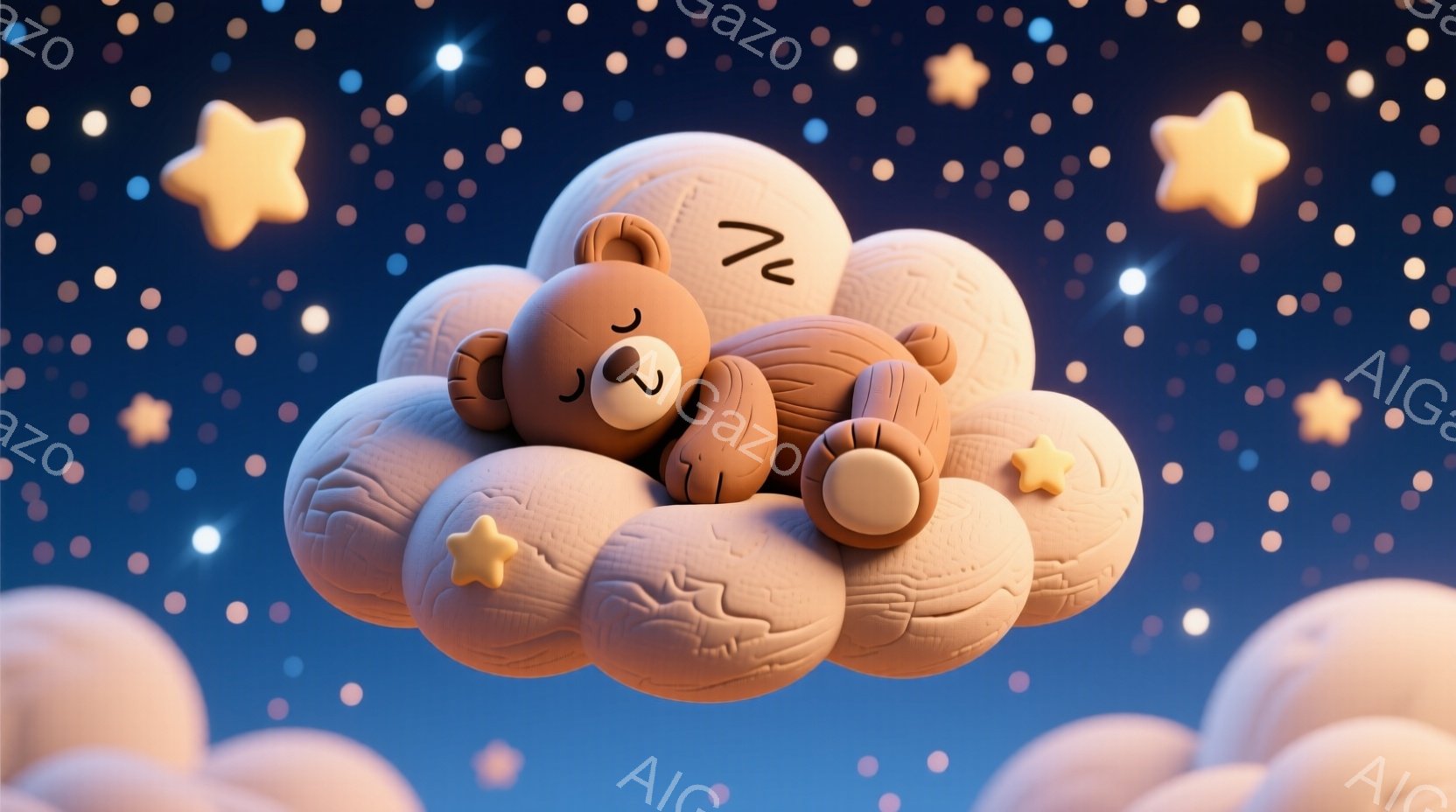 暖かく柔らかな質感の茶色のクマが、ふわふわとした雲の上で眠っています。周囲には様々な大きさの星が散りばめられ、夜空を思わせる背景が、穏やかで夢見心地な雰囲気を演出しています。雲や星はすべて明るい黄色で - AI生成フリー素材