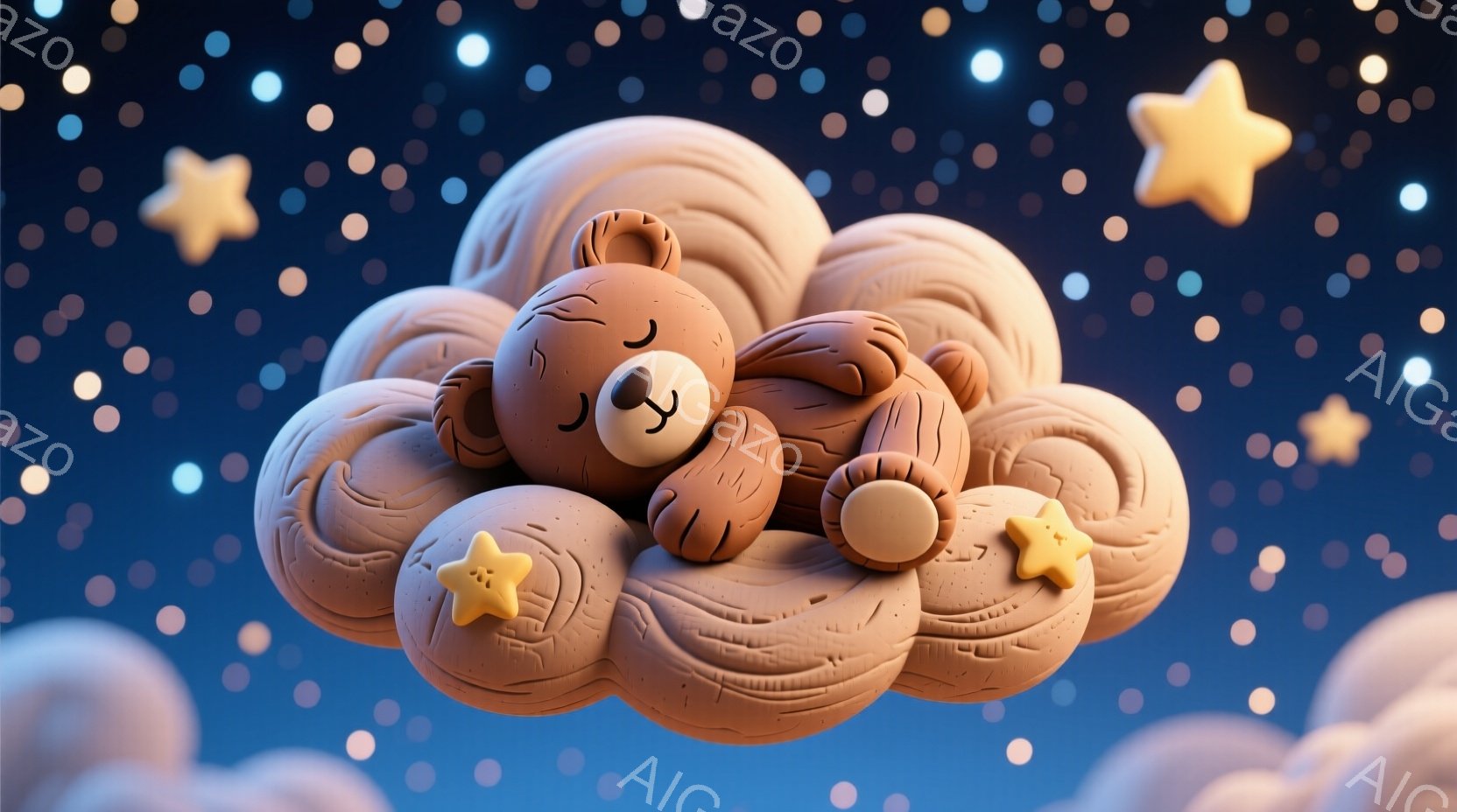 柔らかい茶色のテディベアが、同じく茶色の雲のようなベッドの上で眠っています。ベアは目を閉じ、穏やかな表情を浮かべており、小さな金色の星が雲の周りに散りばめられています。背景は濃い青色で、たくさんの白い - AI生成フリー素材