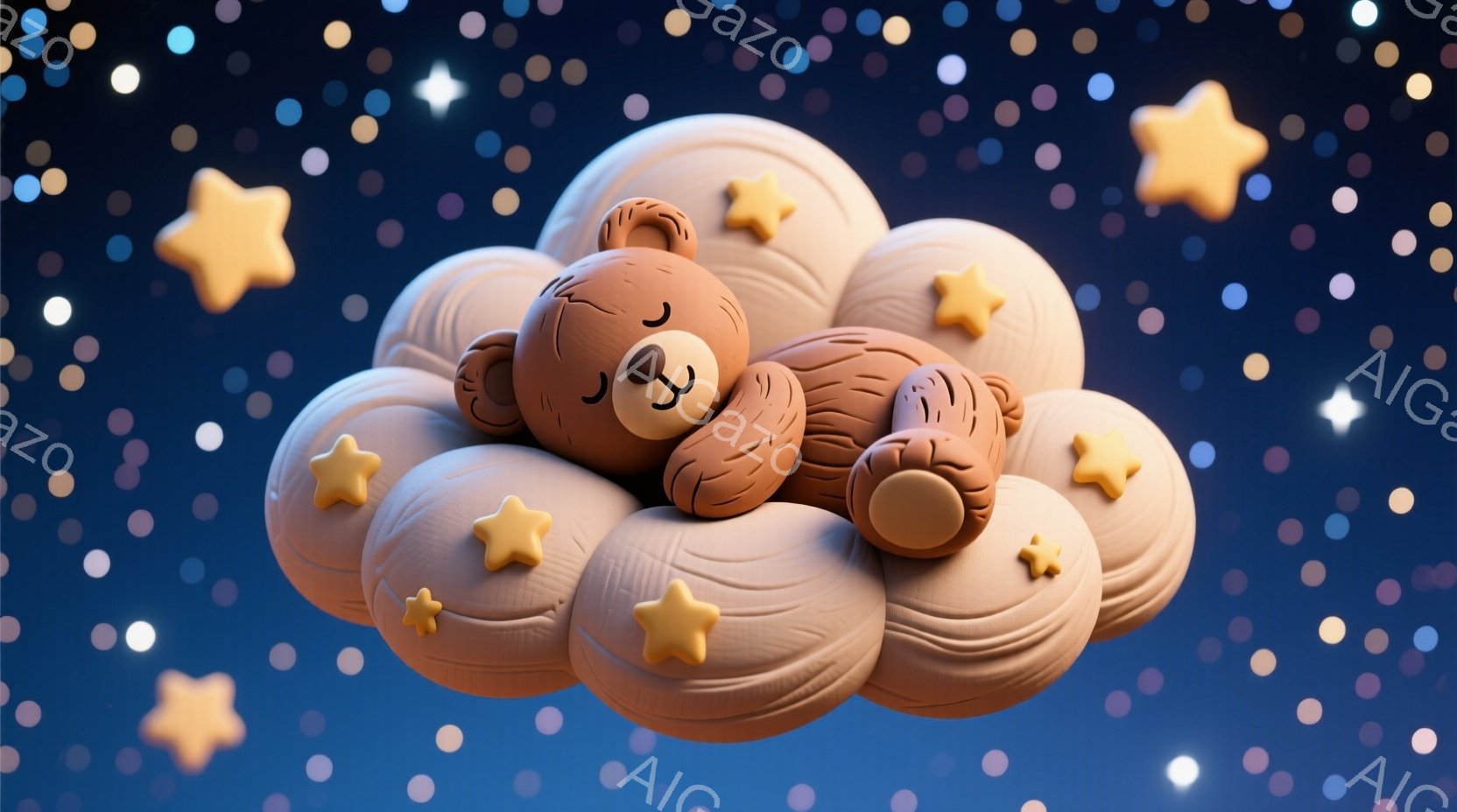茶色のテディベアがふわふわのクッションのような雲の上で眠っています。周りには黄色い星が散りばめられ、背景は濃い青色で、まるで夜空のようです。全体的に穏やかで夢のような雰囲気が漂っています。 - AI生成フリー素材