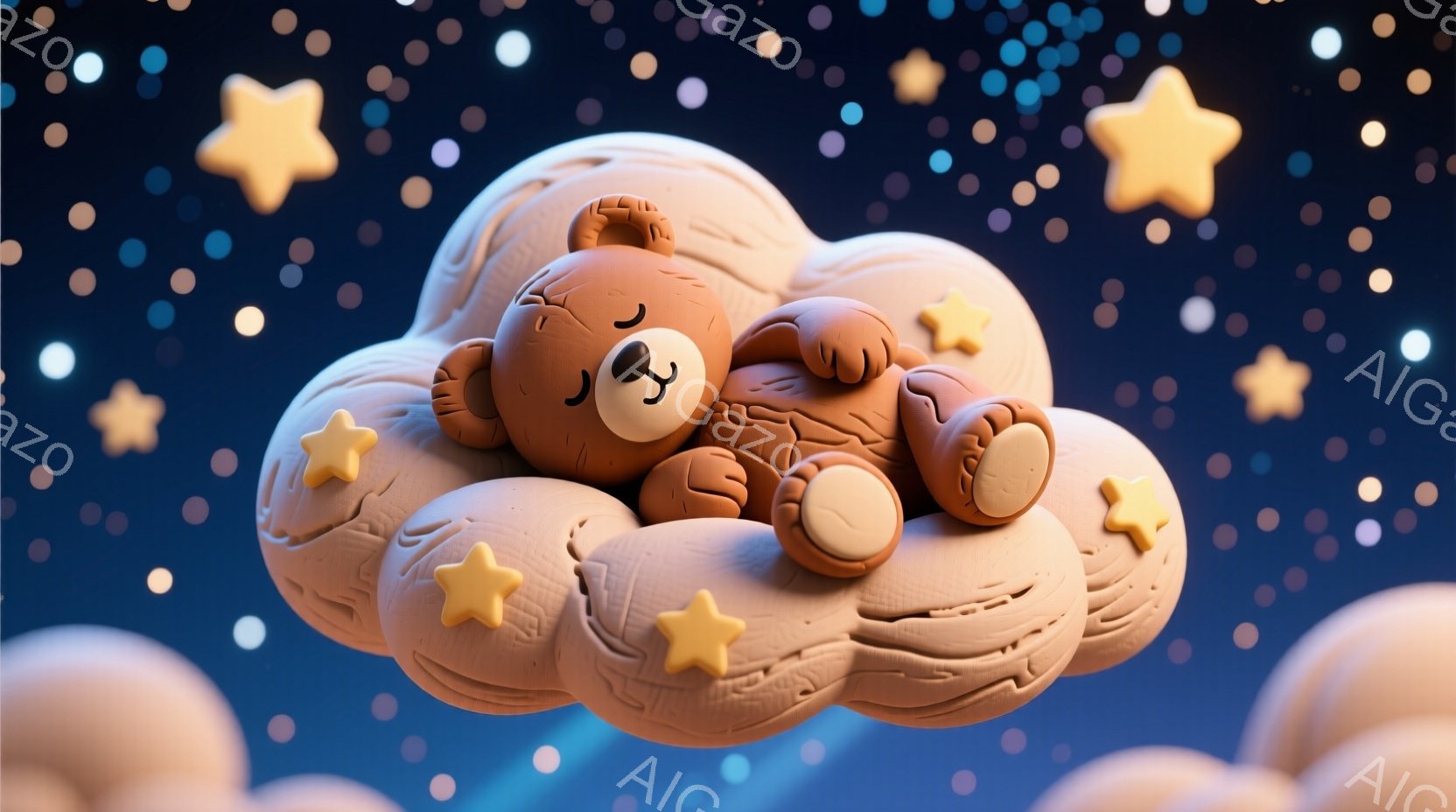 柔らかい茶色のテディベアが、ふわふわの雲の上に丸まって眠っています。ベアは目を閉じ、穏やかな表情で、小さな手足を抱えています。背景は濃い青色で、黄色い星が散りばめられ、夢のような静かで心地よい雰囲気を醸し出しています。
