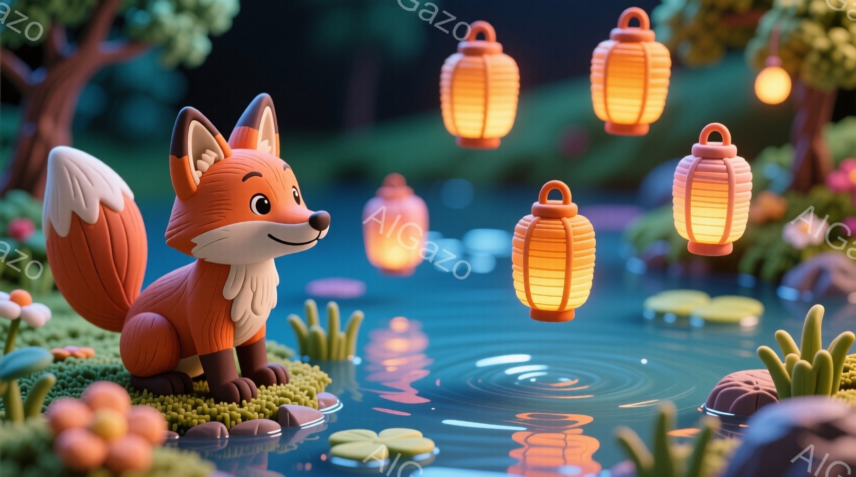 オレンジ色の可愛らしい狐が、水辺の土手の上に立っています。周りには緑色の植物が生え、水面には睡蓮の葉が浮かび、オレンジ色の提灯がいくつか浮かんでいます。全体的に暖かく幻想的な雰囲気で、まるで絵本の中のような世界観です。