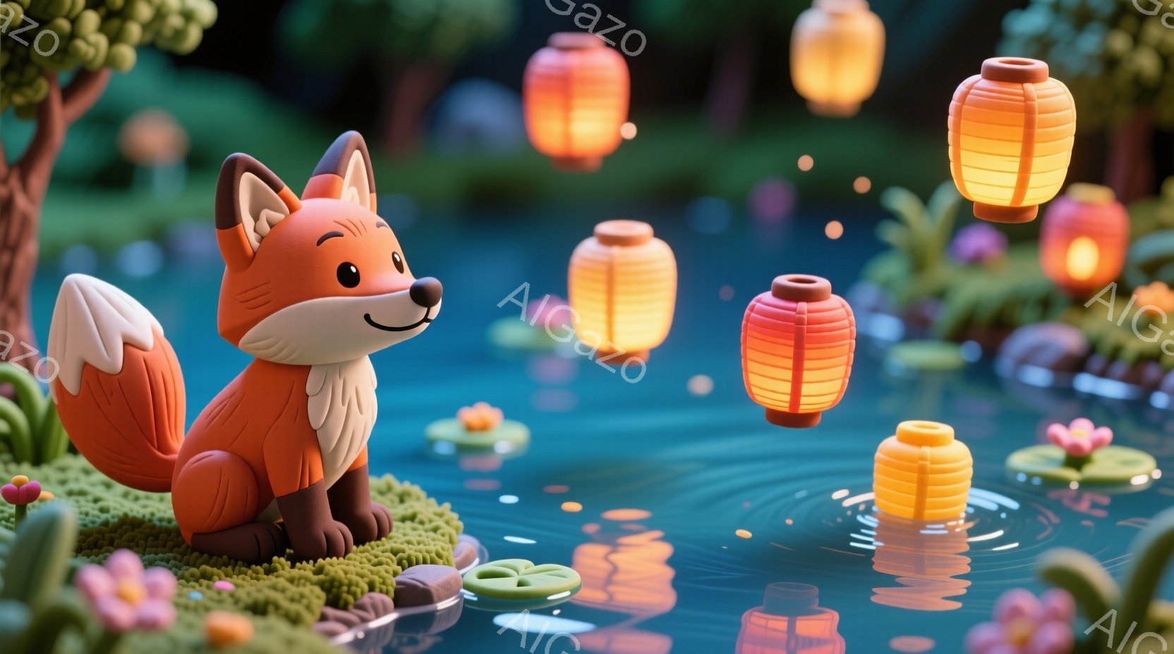 明るいオレンジ色のキツネが、緑色の苔の上に座って微笑んでいます。周囲には水面に浮かぶ蓮の葉と、点灯した赤い提灯が漂い、水面に反射して幻想的な光景を作り出しています。背景には緑豊かな木々があり、穏やかで - AI生成フリー素材