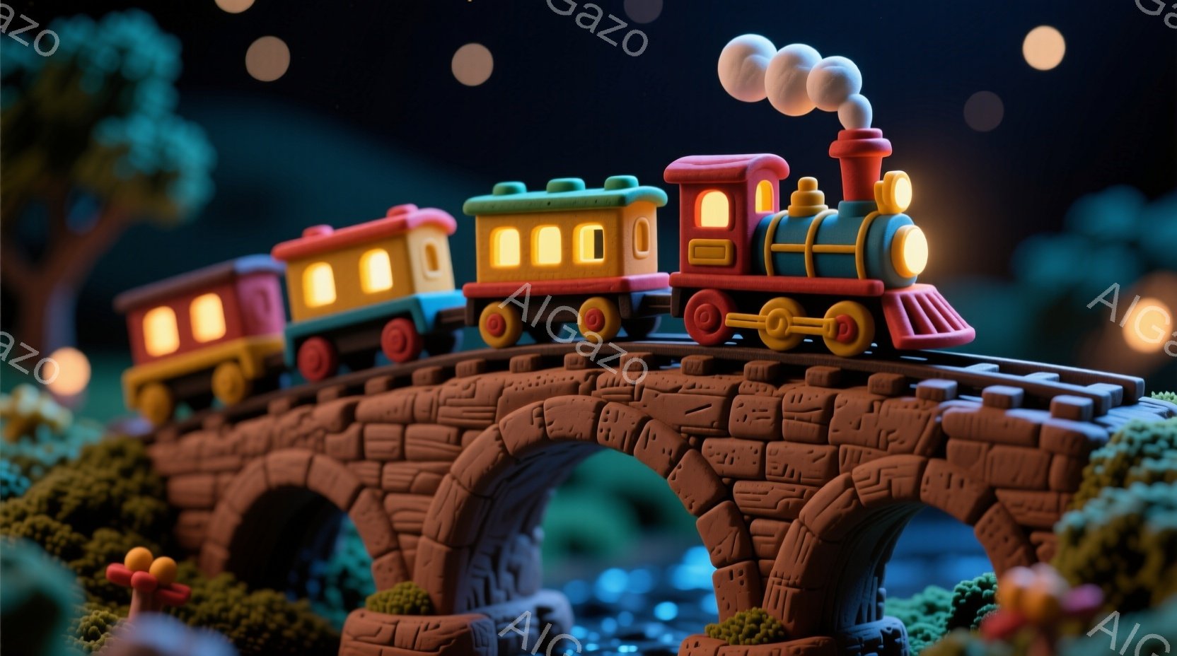 カラフルな模型のような列車が、レンガ造りのアーチ橋の上を走っています。周囲は緑豊かな植物に覆われ、夜空には明るい星が輝き、暖かく幻想的な雰囲気を作り出しています。列車は赤、オレンジ、黄色を基調としたデザインで、おとぎ話の世界を連想させる可愛らしい光景です。