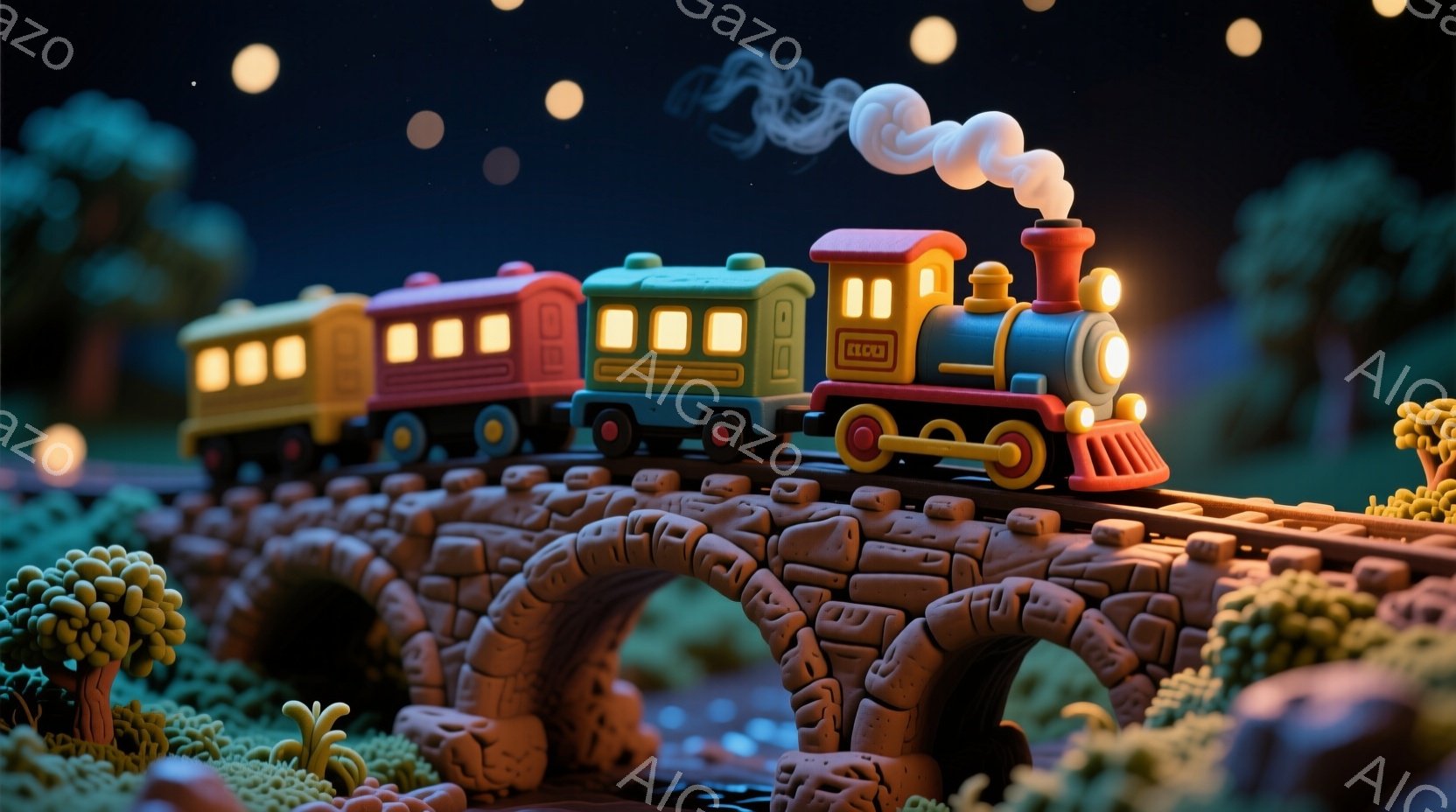 夜景で、架空の木造橋にトーマスとジェイミーが乗った小型の蒸気機関車が通過しています。火星人ペンキーは燃料を入れながら、おそらく怖がる表情で見つめています。夜空は明るく、木々と星の光が浮かんでいます。