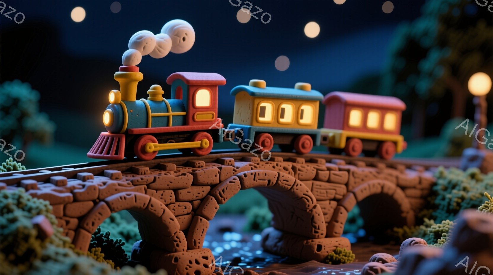 鮮やかな色彩の小さな蒸気機関車が、苔むした石造りの橋の上を走っています。夜空には丸い光の玉が浮かび、周囲は緑豊かな植物に囲まれ、穏やかで夢幻的な雰囲気を醸し出しています。蒸気機関車からは白い煙が立ち上り、まるで絵本から飛び出してきたかのような愛らしい光景です。