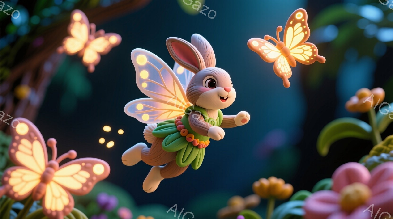 可愛らしいウサギの妖精が、緑色の葉と花で装飾された衣装を身に着け、空を飛んでいます。彼女は明るい表情で、喜びと興奮に満ちた様子を見せています。背景には、鮮やかなピンクの花々や、光を放つ蝶が舞い、幻想的で温かい雰囲気を醸し出しています。