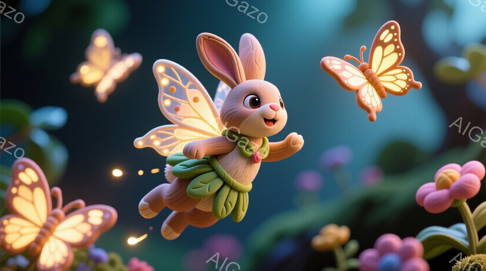 ふわふわとしたピンク色のウサギが、緑色のリボンで結ばれた可愛らしい服を着て、空を飛んでいます。ウサギは明るい笑顔を見せ、大きな耳を立て、喜びにあふれた表情をしています。背景には、ピンクや黄色の花々が咲き乱れ、蝶が舞い、穏やかで夢のような雰囲気を醸し出しています。