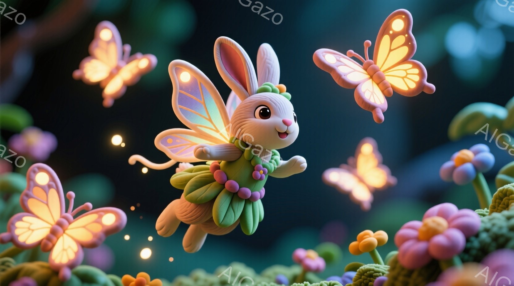 魔法がかわったような不思議な世界を表現している。中央にはバニーのようなキャラクターが描かれており、彼女は着飾されています。彼女は小さな魔法の力で踊る花のようなものを飛ばしているという不思議な光景が描かれています。背景は夜空に浮かぶ竜宮城のような場所であり、彼女の髪型は花のような形状となっています。、ファンタジーや魔法の世界を表現するために使われる可能性が高く、不思議で楽しげな雰囲気を呈しています。