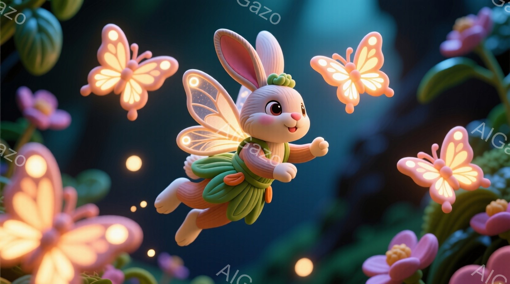 かわいらしいウサギの妖精が、ピンク色の花々と一緒に空を飛んでいる様子を描いています。緑色の葉っぱで作られたドレスを着ており、大きな耳と輝く瞳が特徴的で、満面の笑みを浮かべています。背景には、ぼんやりと - AI生成フリー素材