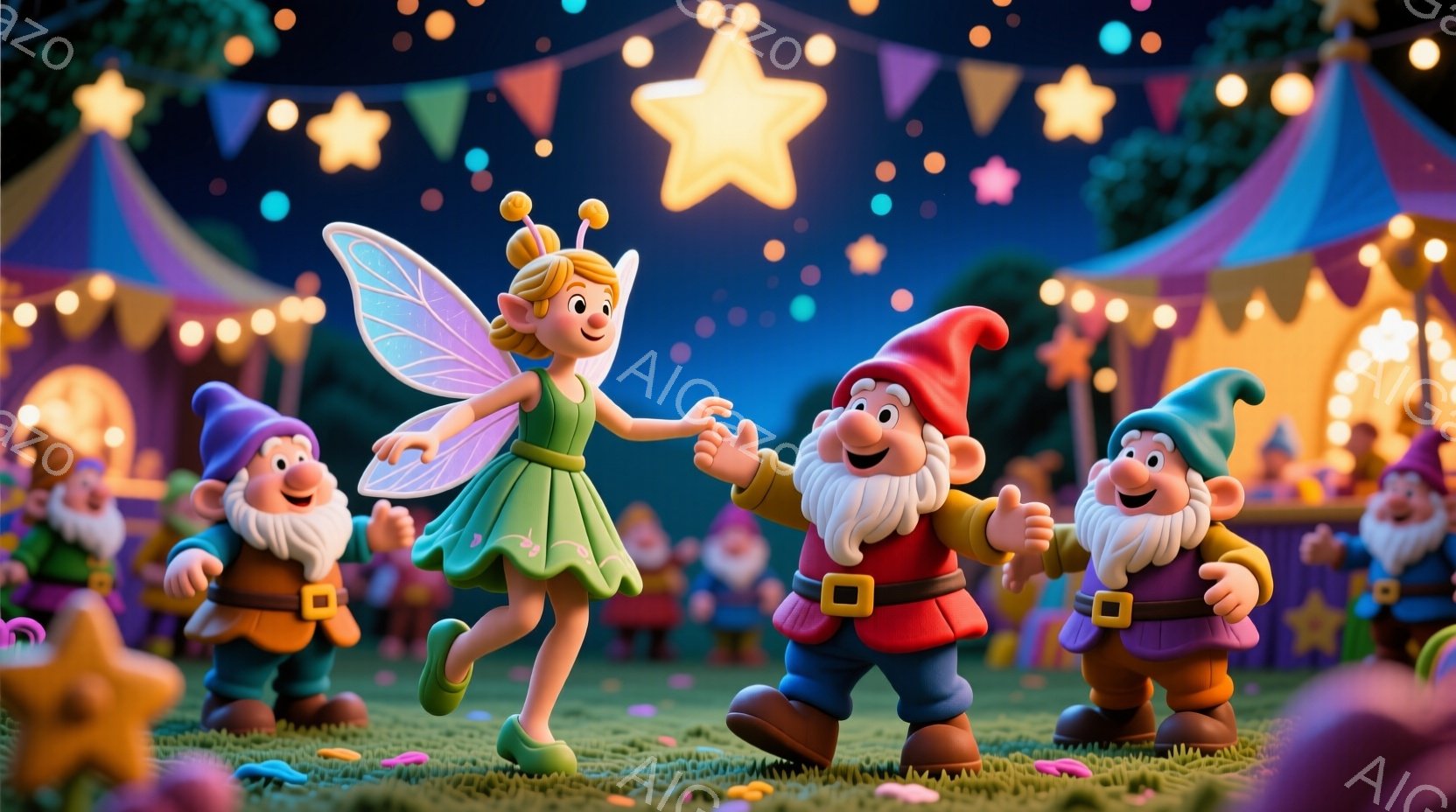 明るい緑色のドレスを着た妖精が、笑顔で両手を広げて踊っています。彼女の周りには、赤、青、黄色の服を着た３人の小人がいて、楽しそうに踊りに加わっています。背景には、カラフルなテントや星型のライトが飾られ - AI生成フリー素材