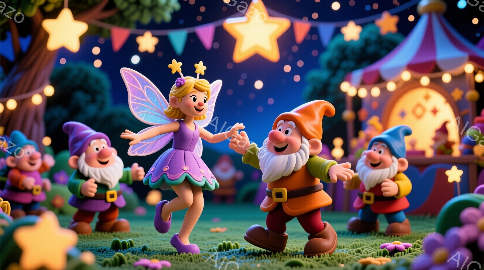 妖精の少女が紫色のドレスと光る羽を身につけ、楽しそうに踊っています。彼女の周りには、赤と黄色の服を着た、笑顔の小人たちがいて、まるで祝祭のようです。背景には、星空の下、カラフルなテントや緑豊かな草地が - AI生成フリー素材