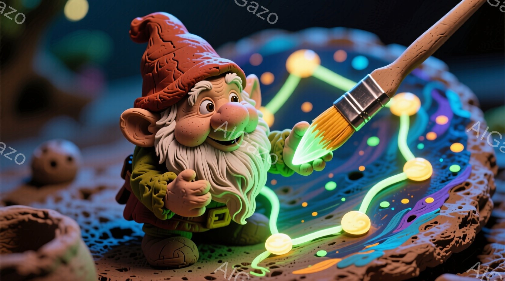 小さな庭の妖精が、緑色の服と赤い帽子を身につけ、微笑みを浮かべています。彼は片手を上げ、もう片手でブラシを持ち、蛍光色の緑色の線を描いています。背景には、穴の開いた岩のような地面と、かすかな光を放つ他の妖精の彫刻が見え、幻想的で遊び心のある雰囲気を作り出しています。