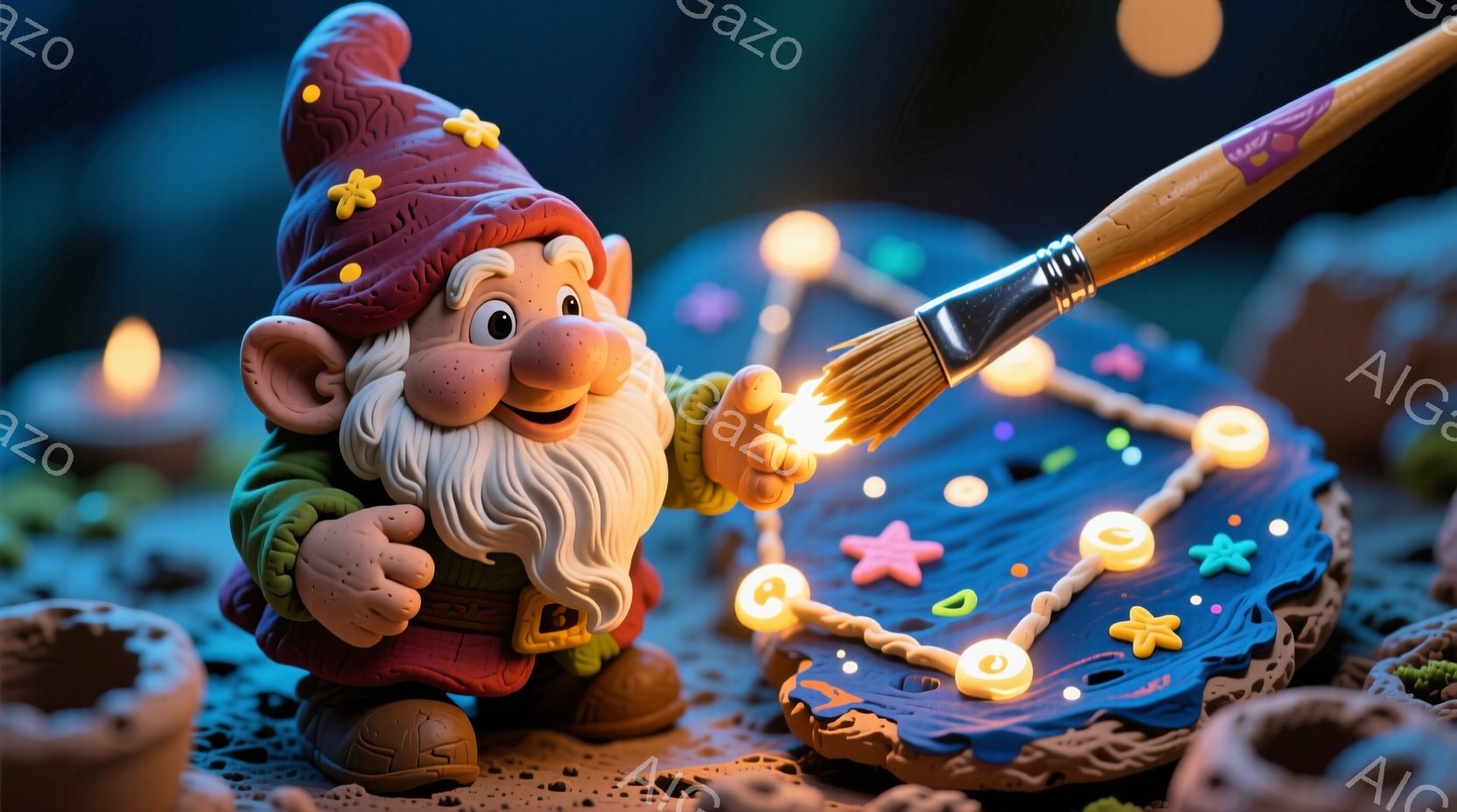 小さな妖精のような男が、青い円盤状の物体に光る塗料で星座を描いています。彼は赤い帽子に黄色い花飾りをつけ、緑色の服を着ており、長い白いひげと愉快そうな表情をしています。背景は暗く、周りには小さな光の球とろうそくがあり、幻想的な雰囲気を醸し出しています。
