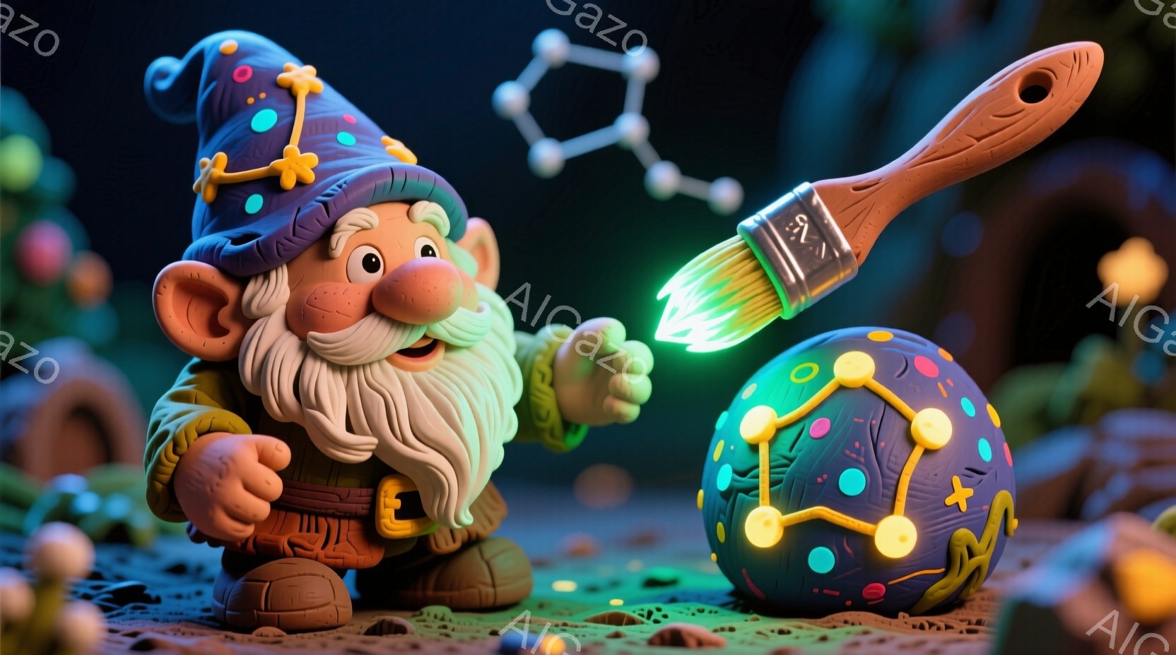 小さな魔法使いのような男が、青い帽子と茶色のベストを着て、明るい笑顔を浮かべています。彼は、緑色の光を放つ絵筆で、青地に黄色や緑色の光る点々が描かれた球体に魔法をかけているようです。背景には不気味な光 - AI生成フリー素材