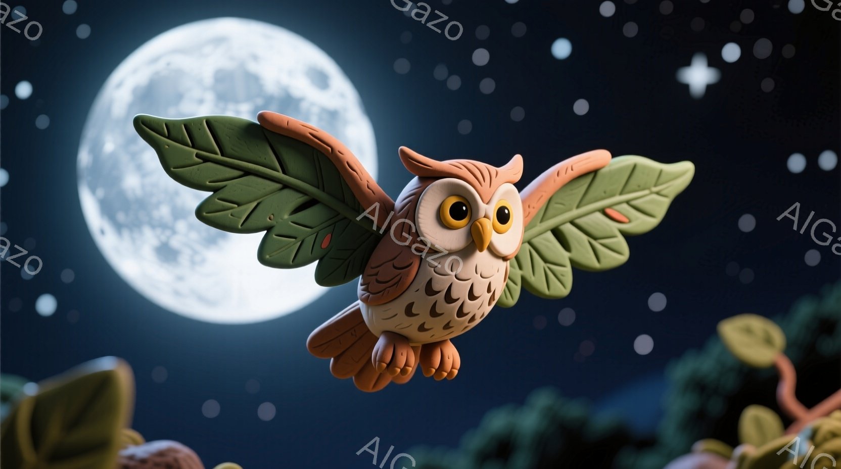 暗い夜空を背景に、かわいらしいフクロウが翼を広げて飛んでいます。フクロウは茶色と白の羽毛で覆われ、大きな丸い目が特徴的で、穏やかな表情をしています。背景には満月と、地面にはキノコのようなものが点在し、幻想的で温かい雰囲気を醸し出しています。