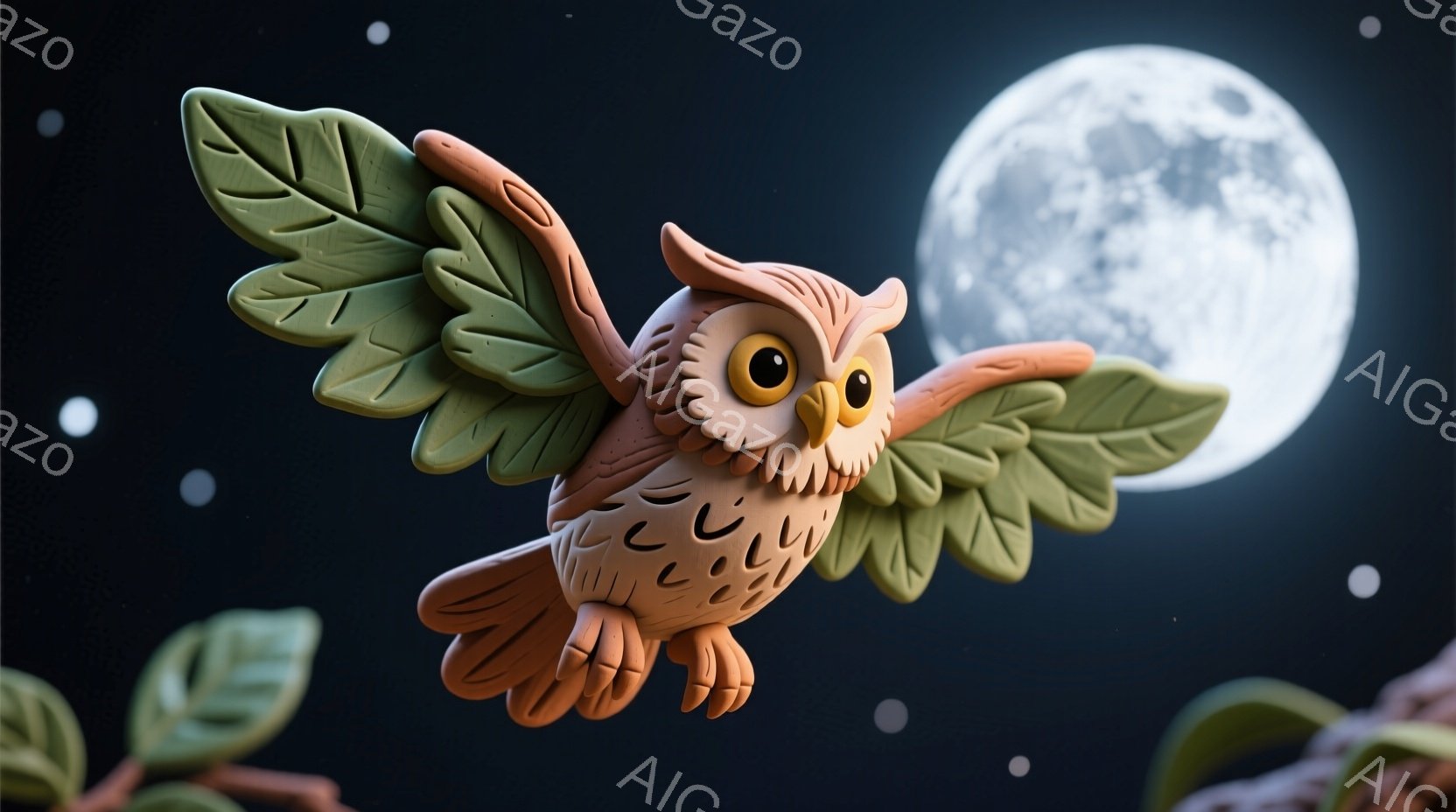 ふわふわとしたオレンジ色のフクロウが、緑色の葉のような翼を広げて空を飛んでいます。背景には大きく明るい満月と、ぼんやりとした白い星が散りばめられており、夜空の静かで幻想的な雰囲気を醸し出しています。フ - AI生成フリー素材