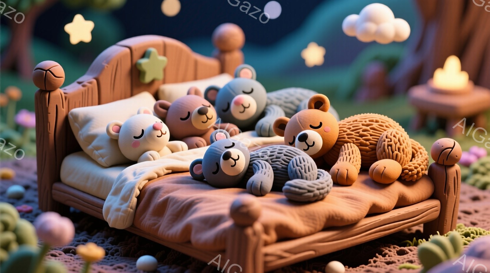柔らかい色調の可愛らしいテディベアたちが、小さなベッドで寄り添って眠っています。背景には、輝く星空とほのかに光るキノコ、そして暖かく光るキャンドルが見られ、夢のような雰囲気を作り出しています。全体的に、温かく、平和で、心地よい夜の光景が表現されています。