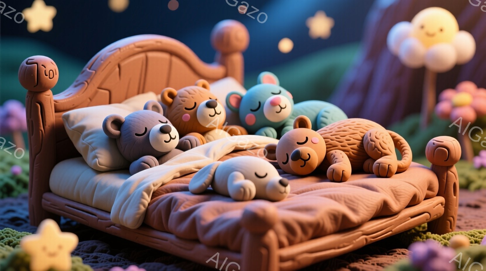 彫刻のような質感のクマのぬいぐるみたちが、小さなベッドの中で寄り添って眠っています。背景には、かわいらしい花や星が散りばめられた夜の風景が広がっており、温かく穏やかな雰囲気を醸し出しています。全体的に、夢のような可愛らしい世界観が表現されています。