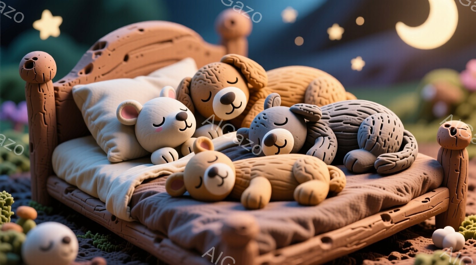 小さなテディベアたちが、木のベッドで寄り添って眠っています。背景には緑豊かな草地と、月と星が輝く夜空が広がっており、温かく穏やかな雰囲気を醸し出しています。全体的に、手作り感のある愛らしい情景が描かれ - AI生成フリー素材