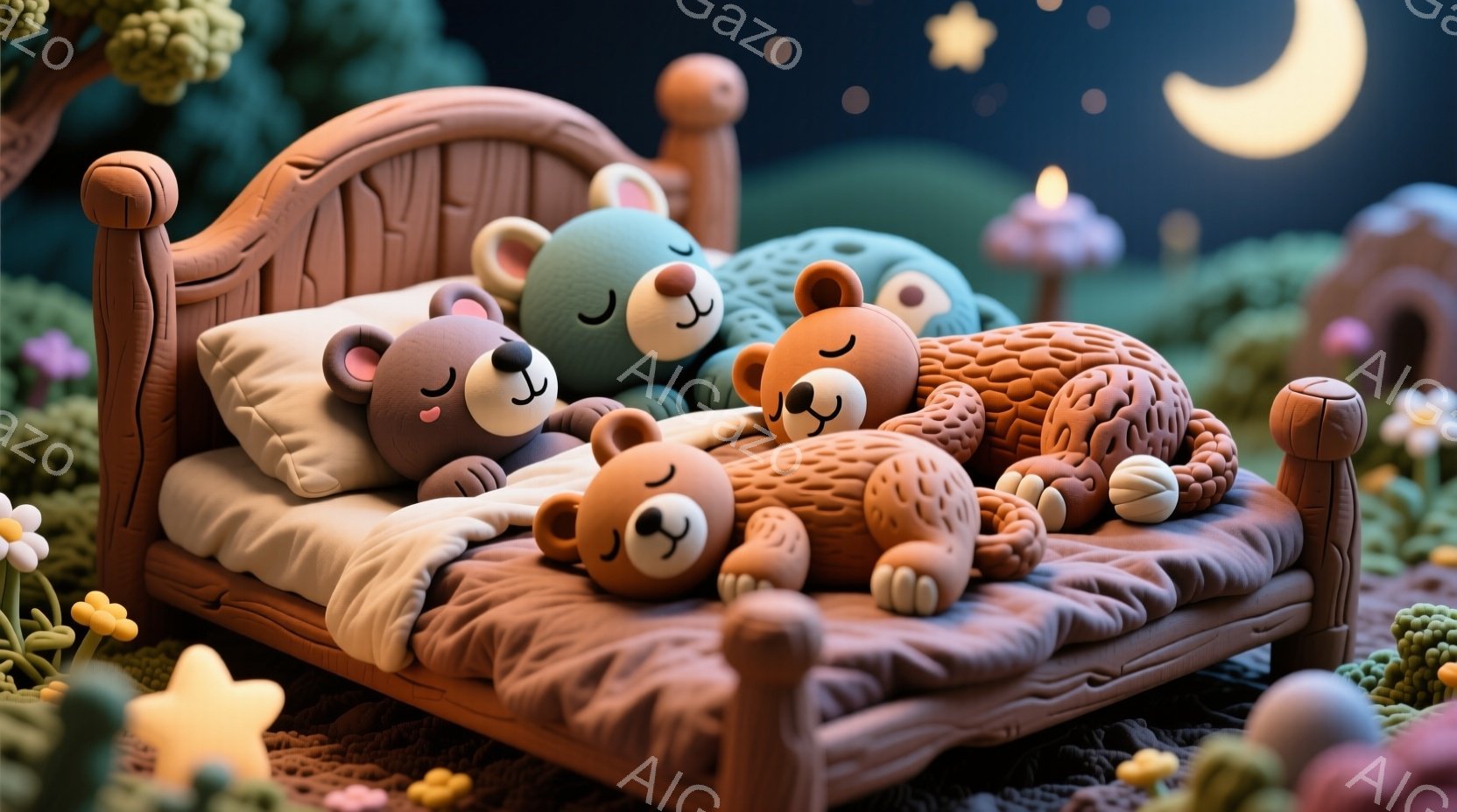 粘土で作られたようなクマの家族が、小さなベッドで寄り添って眠っています。背景には、可愛らしいキノコや花、そして星空が広がっており、温かく幻想的な雰囲気を醸し出しています。クマたちはそれぞれ異なる毛色で、リラックスした表情で安らかな眠りについています。