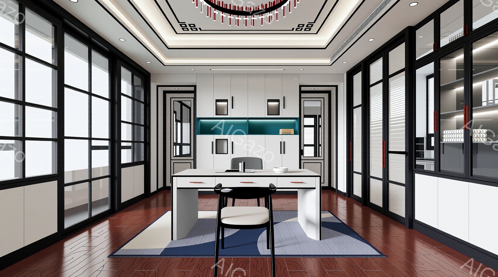 この部屋は、洗練されたモダンな内装で、白を基調とした壁と黒い装飾が特徴的です。中央には白のデスクと椅子が配置され、床には濃い青色の絨毯が敷かれています。背景には大きな窓が並び、部屋全体に明るい光が差し込み、落ち着いた雰囲気を醸し出しています。