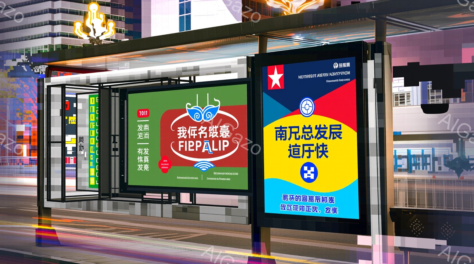 バス停とその周辺の様子を捉えています。バス停には、カラフルなデザインのポスターが掲示されており、文字やロゴが目立ちます。背景には高層ビルや青空が見え、都市の喧騒と活気を感じさせる光景です。