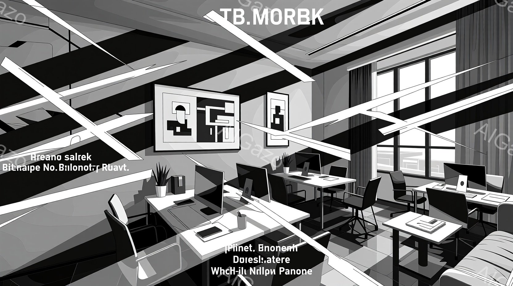 白黒のイラストは、オフィス空間を描写している。モダンなデザインで、机、椅子、コンピューターモニターが整然と配置され、背後には窓があり、都市の風景が見える。 全体的に、落ち着いた雰囲気で、仕事に集中できるような空間であることがわかる。