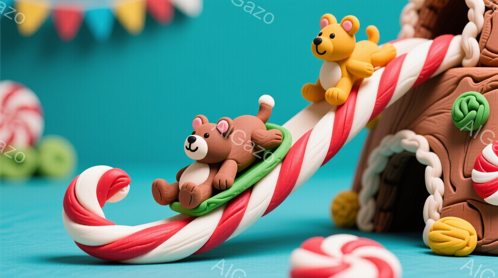 鮮やかなターコイズブルーの背景に、お菓子でできた世界が広がっています。茶色とベージュの可愛らしいクマが、赤と白のキャンディの滑り台から滑り降りており、もう一匹のクマは滑り台の上で楽しんでいます。背景にはジンジャーブレッドハウスと赤白のペパーミントキャンディが散りばめられており、お祝いや楽しいクリスマスの雰囲気が漂っています。