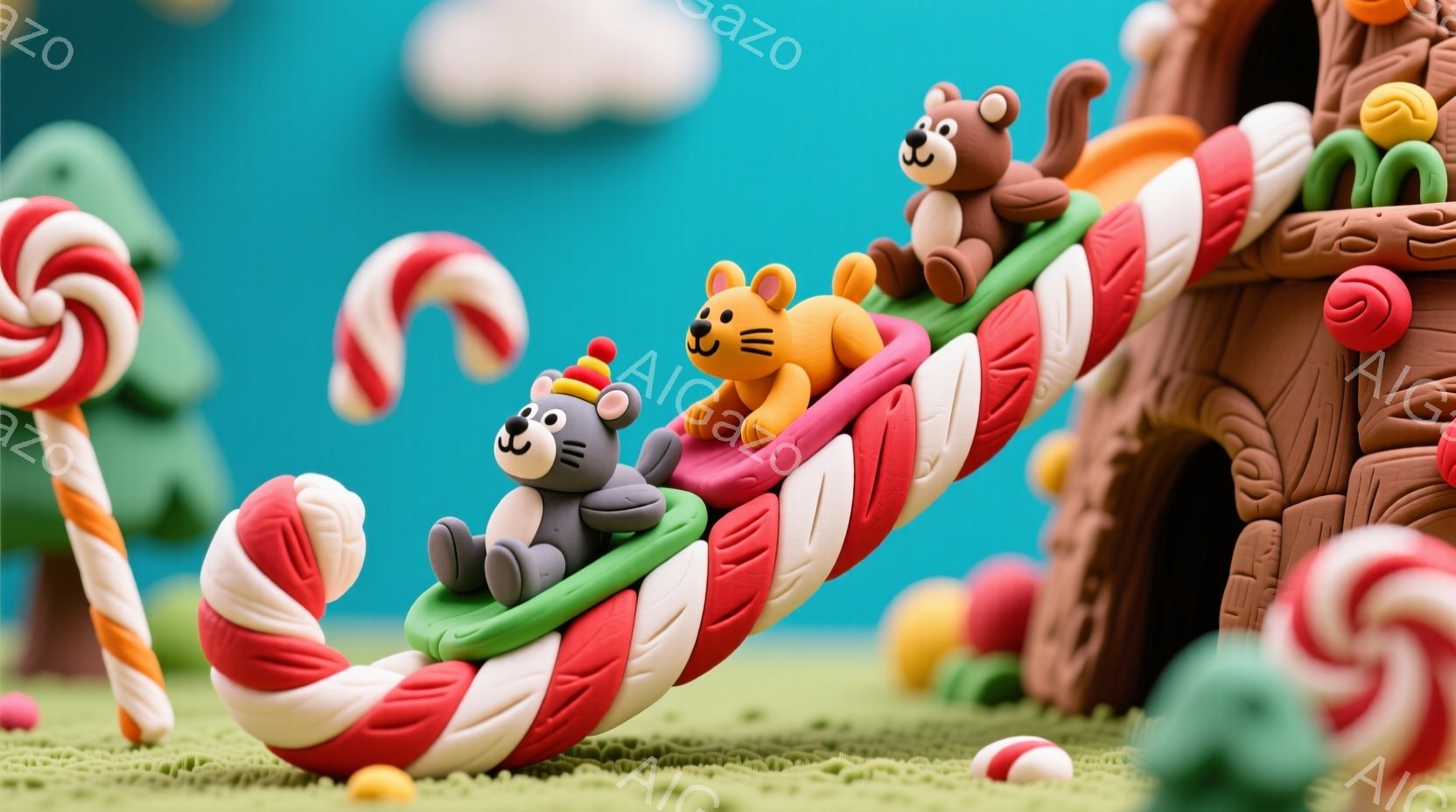 粘土で作られたお菓子の世界が広がっており、可愛らしいクマたちがキャンディで作られた滑り台を滑っています。背景には、キャンディの棒や、お菓子の家が見え、まるで夢のような甘い雰囲気が漂っています。鮮やかな色彩と丸みを帯びたフォルムが、子供のような心をくすぐる、遊び心あふれる情景です。