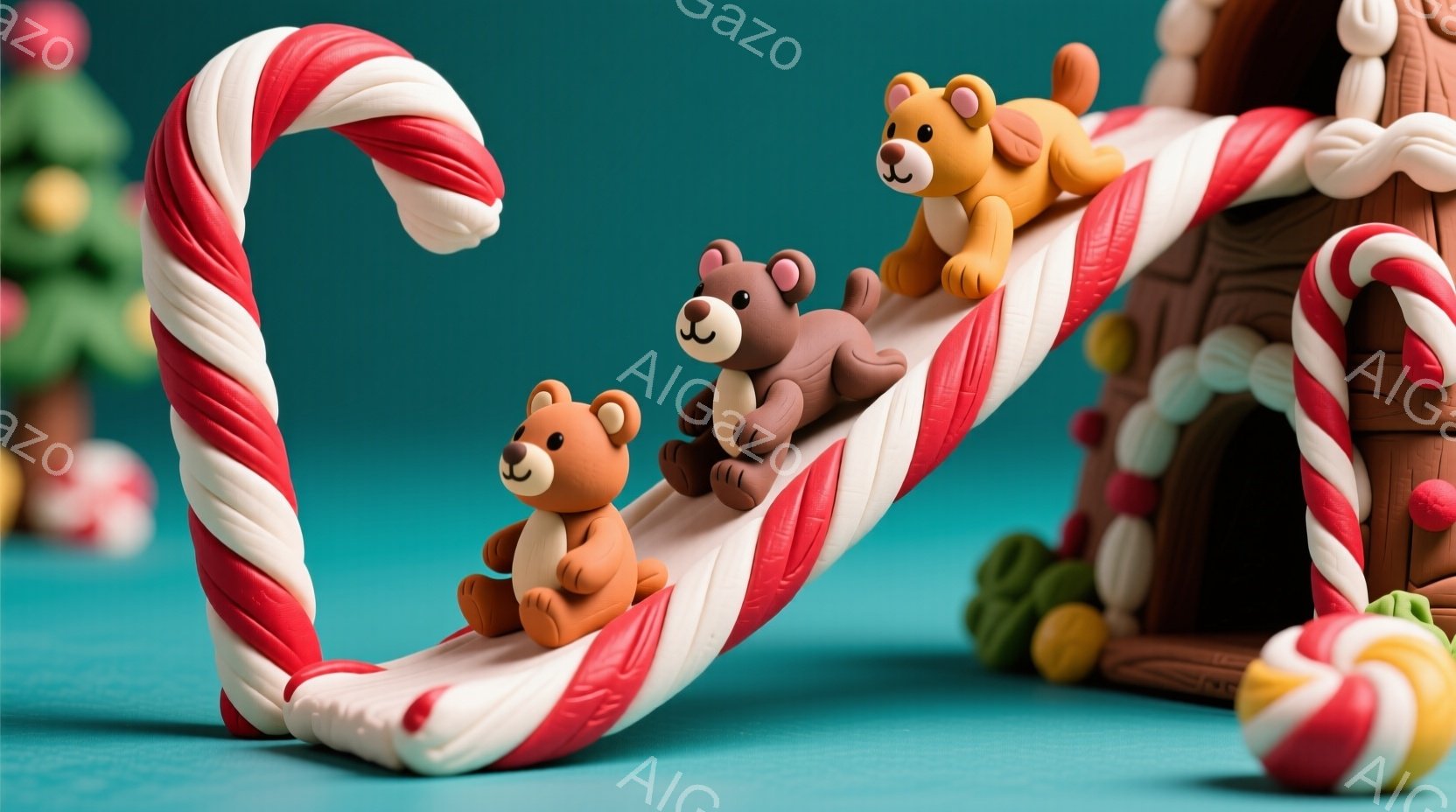 カラフルなキャンディケーンの滑り台を、3匹の小さなクマが滑り降りている様子が描かれています。背景には、ジンジャーブレッドハウスやカラフルなキャンディ、緑色の葉っぱなどが配置され、クリスマスや冬の楽しい雰囲気を演出しています。全体的に暖かく、遊び心溢れる、お祭り感のある光景です。