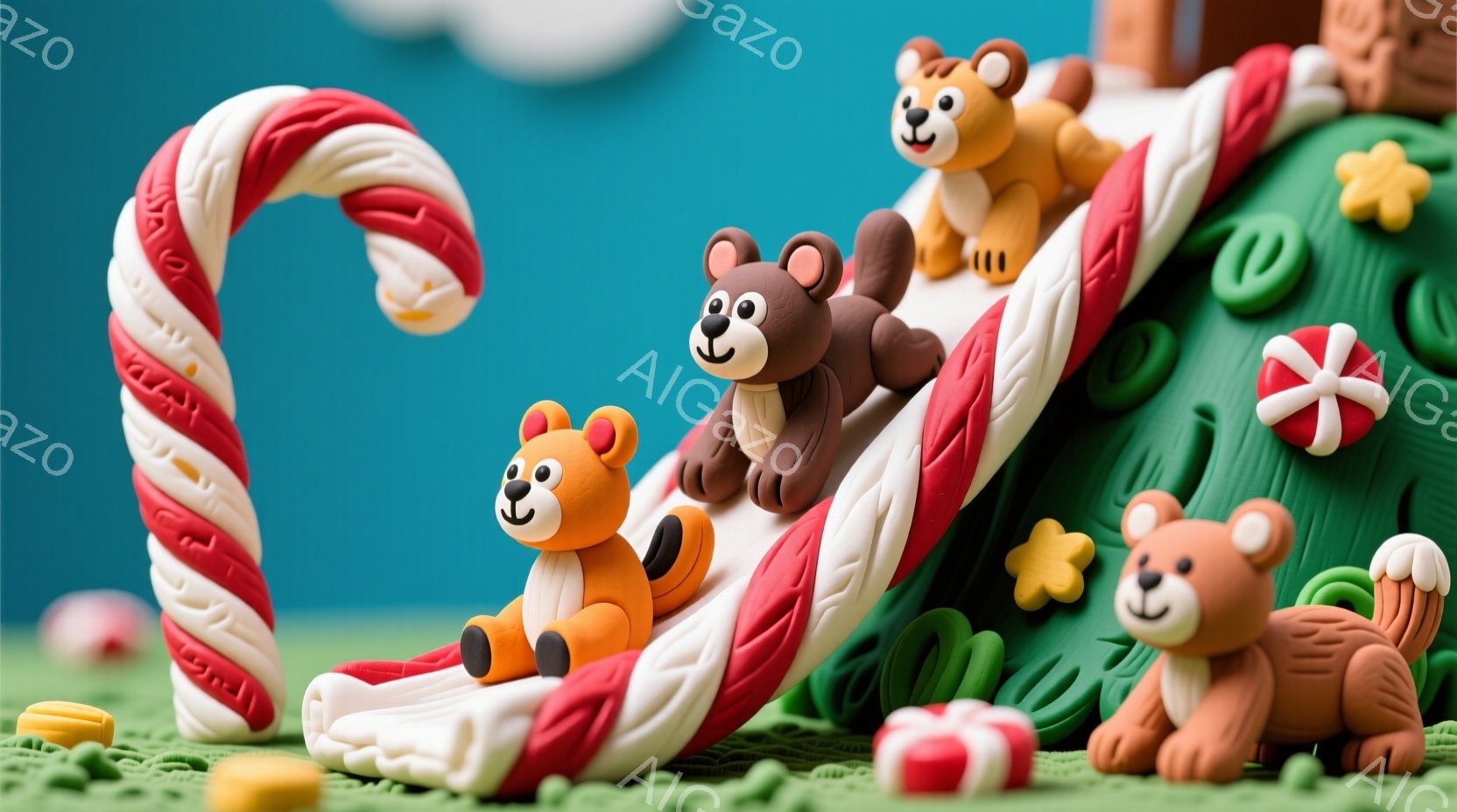 鮮やかなターコイズブルーの背景に、クリスマスの装飾が並んでいます。茶色とオレンジの可愛らしいテディベアたちが、赤と白のキャンディケーンの滑り台を滑り降りたり、緑色のクリスマスツリーの周りに集まっています。全体的に、遊び心があり、お祝いの雰囲気で、お菓子の世界のような、暖かく楽しい冬の情景が描かれています。