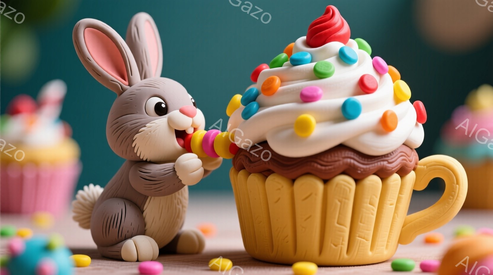 チョコレート色の可愛らしいウサギの置物が、カラフルなスプリンクルが乗った巨大なカップケーキに興味津々で近づいています。ウサギは座って前足を伸ばし、まるでカップケーキを味わおうとしているような表情をしています。背景には、パステルカラーの別のカップケーキがぼやけて見え、明るく甘い雰囲気を醸し出しています。