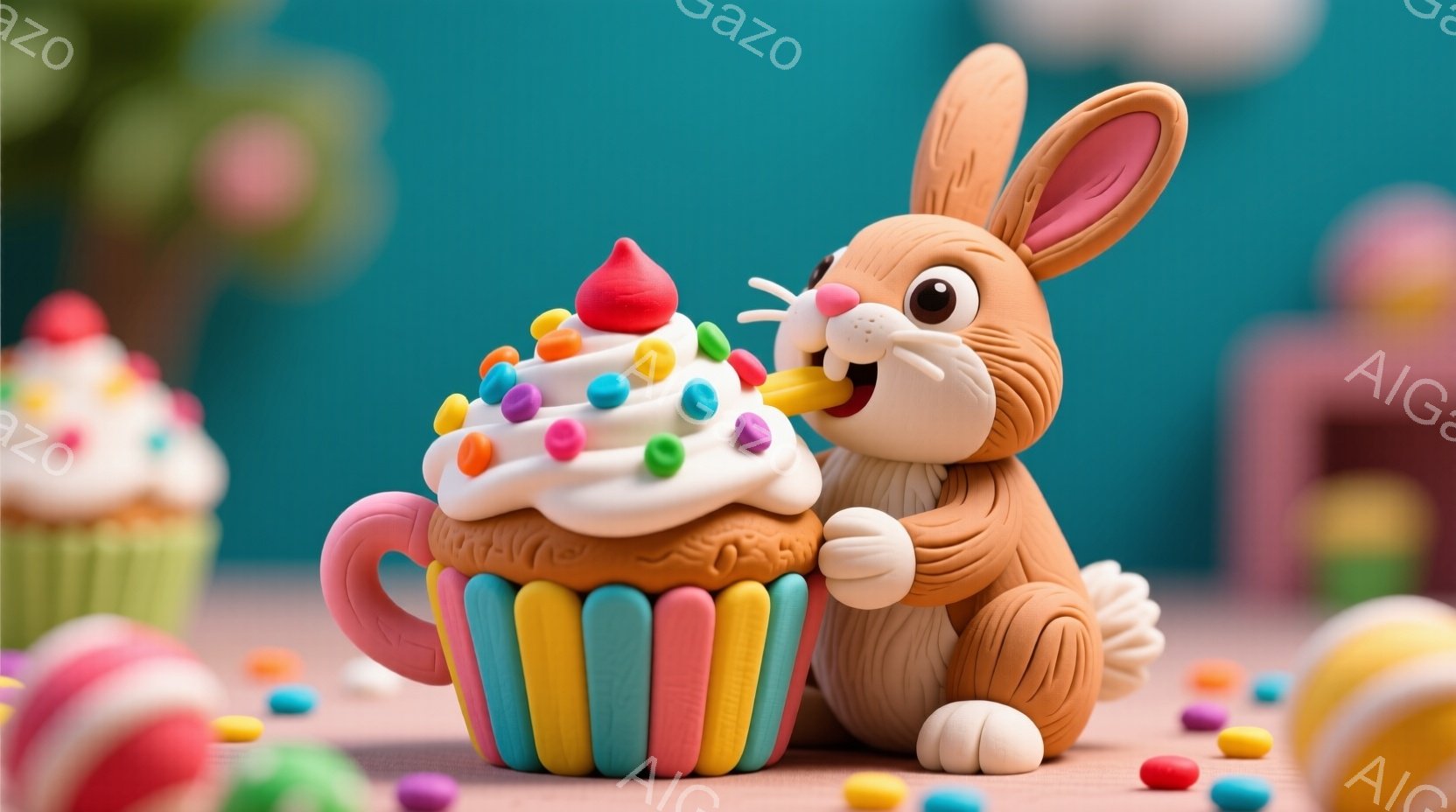 茶色のウサギが、カラフルなクリームとスプリンクルが乗った大きなカップケーキに寄りかかっています。ウサギは嬉しそうにカップケーキを食べており、その周りにはカラフルなキャンディや小さなスプリンクルが散らばっています。背景は明るい水色で、他のカップケーキやパステルカラーの建物が見え、全体的に可愛らしく、遊び心のある雰囲気が漂っています。