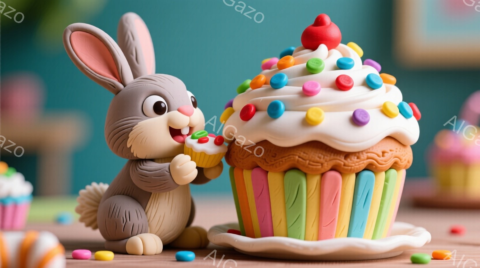 灰色のウサギがカラフルなカップケーキにかぶりついている様子が描かれています。カップケーキはピンク、緑、黄色、オレンジ色のストライプで飾られ、クリームの上には小さなカラフルなキャンディーが散りばめられています。背景には、他のカップケーキと木製のテーブルがあり、全体的に明るく可愛らしい雰囲気です。