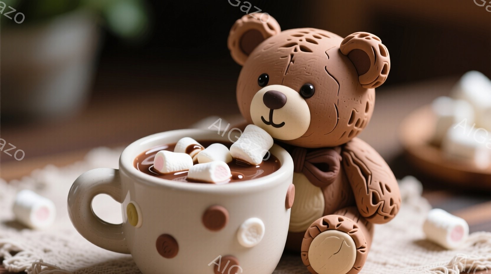 温かいココアのカップに、かわいらしいクマの置物が寄りかかっています。クマは茶色で、つややかな質感があり、楽しそうな表情をしています。背景には、マシュマロが散らばった木製のテーブルがあり、暖かく、居心地の良い雰囲気を醸し出しています。