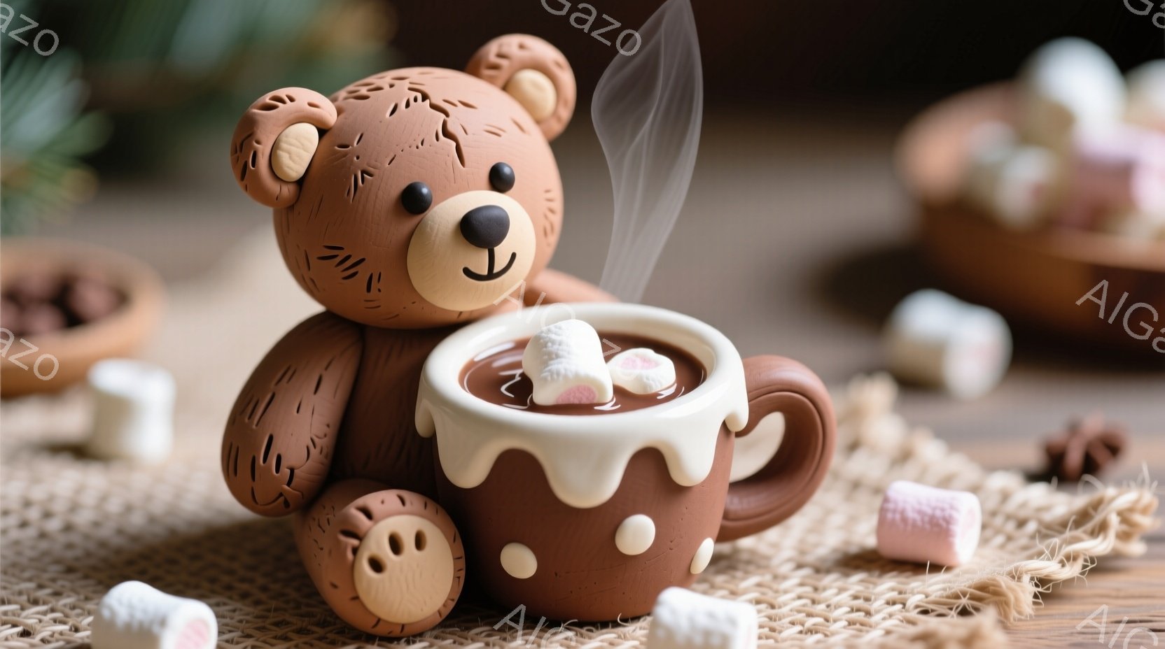 可愛らしいテディベアが、熱いココアのカップに寄りかかっています。ココアにはマシュマロが浮かび、カップの縁には溶けたチョコレートが垂れています。背景にはマシュマロが散らばり、籐のマットが敷かれており、暖かく、居心地の良い雰囲気を醸し出しています。