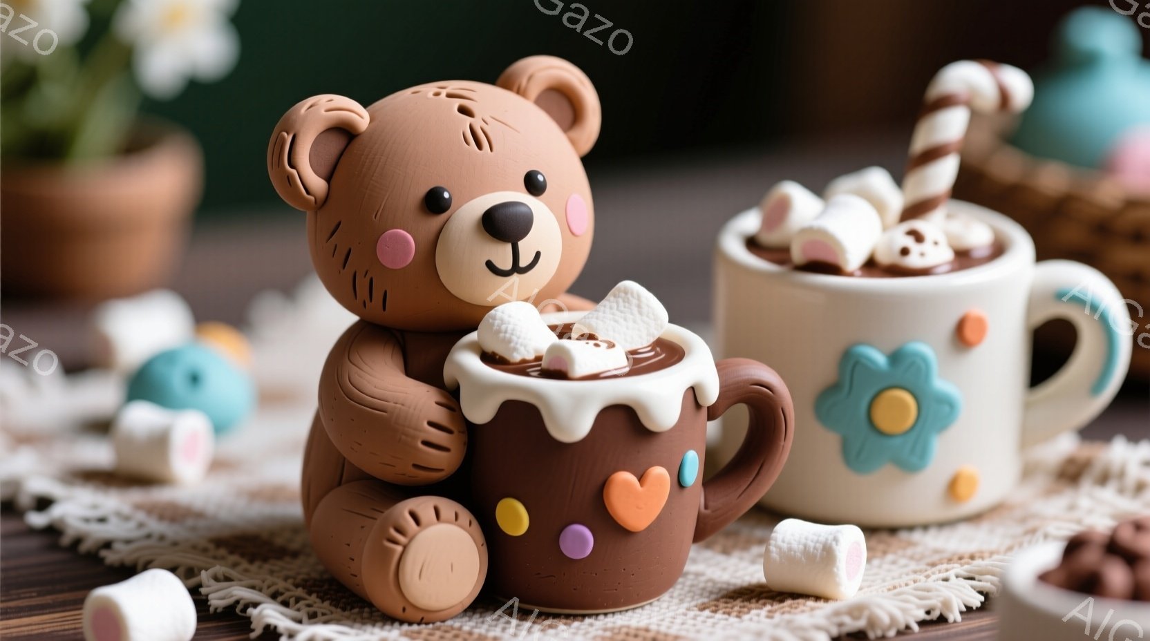 温かいココアのマグカップに寄りかかっているテディベアの可愛らしいクレイアニメーションのシーンです。背景には、クリーム色の敷物、小さな花柄のカップ、そしてマシュマロやチョコレートが散りばめられており、ほっこりとした雰囲気を醸し出しています。全体的にパステルカラーで統一され、暖かく、遊び心あふれる、楽しい印象を与えます。