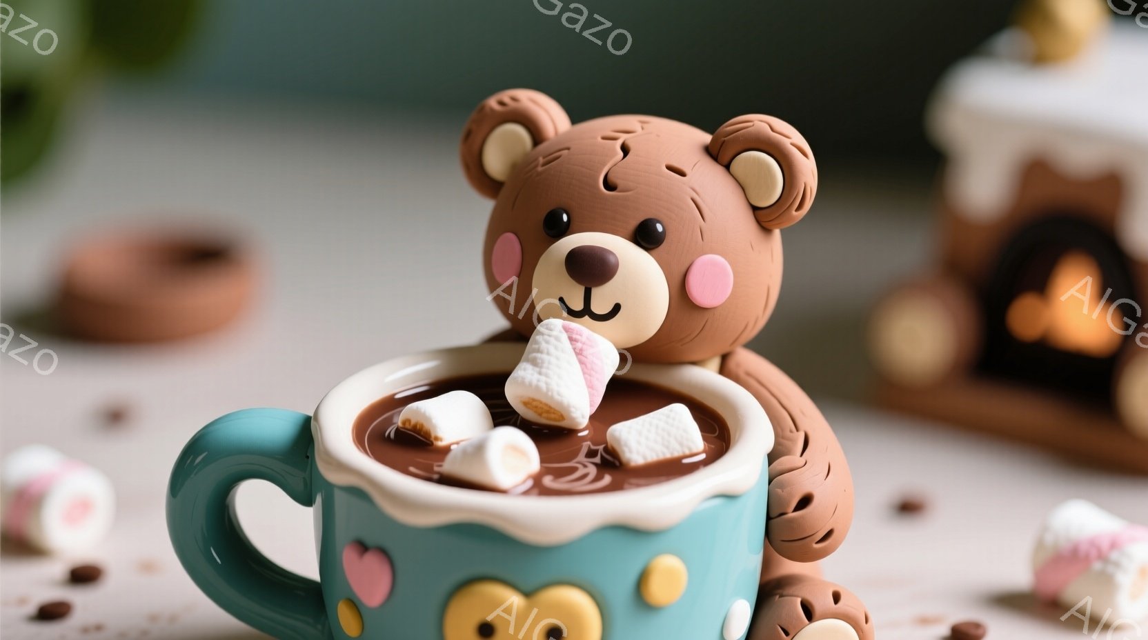 チョコレート色のクマのぬいぐるみが、青いカップの中に浸かっているように見える、遊び心のある構図です。カップの中にはマシュマロが浮かび、クマはリラックスした表情で、お茶の時間を楽しんでいるようです。背景には、小さなケーキやマシュマロが散りばめられ、暖かく、甘い雰囲気を醸し出しています。
