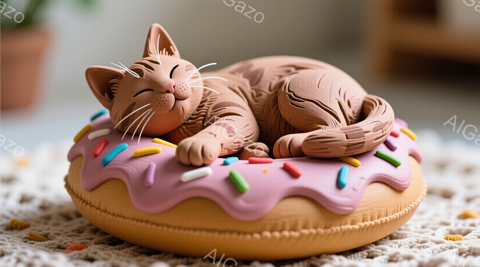 暖色系の茶色の猫が、ピンク色のアイシングとカラフルなスプリンクルが飾られたドーナツの上に丸まって眠っています。猫は目を閉じ、リラックスした表情で、ドーナツがまるで柔らかいベッドのように見えます。背景には、ぼやけた茶色のラグが敷かれており、全体的に温かく、可愛らしい雰囲気が漂っています。