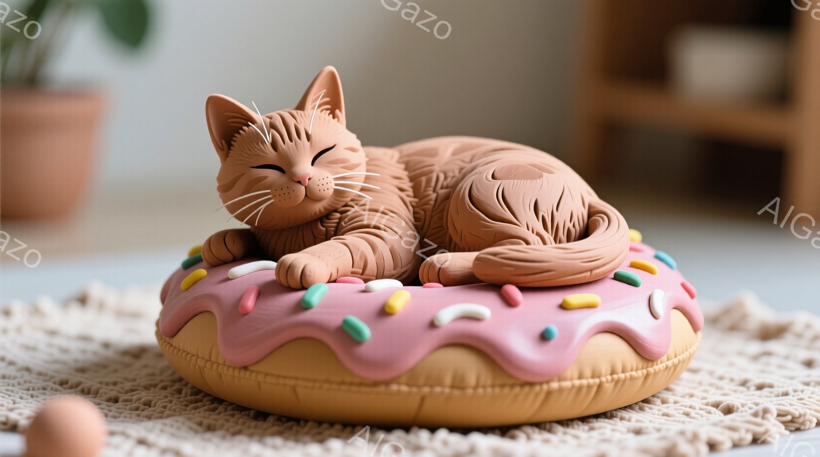 オレンジ色の猫が、ピンク色のアイシングとカラフルなスプリンクルがトッピングされたドーナツの上で丸まって眠っています。背景には、ベージュ色の編み物のような敷物と、植物が置かれた棚が見え、暖かく、お菓子のような雰囲気を醸し出しています。猫はリラックスした表情で、まるで甘い夢を見ているかのようです。