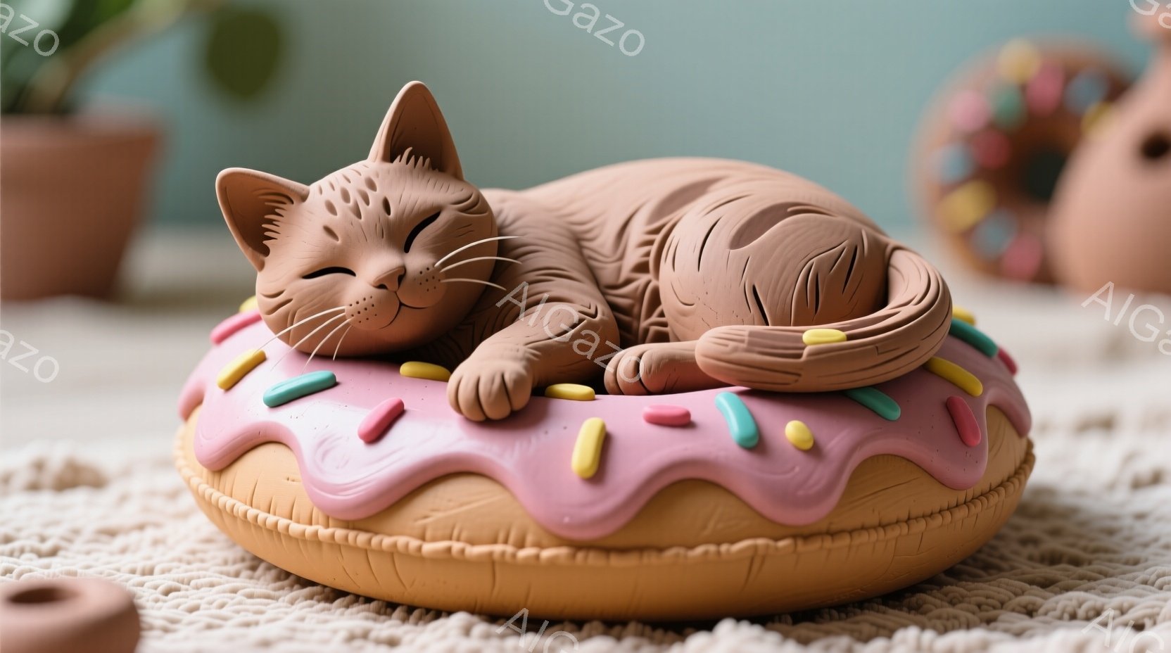 暖色系の猫が、ピンク色のアイシングとカラフルなスプリンクルが施されたドーナツの上で丸まって眠っています。背景には、テラコッタ風の鉢植えや、ベージュ色の編み物の敷物がぼんやりと見え、全体的に穏やかで可愛 - AI生成フリー素材