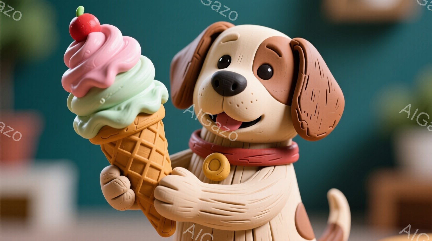 アイスクリームを片手に持った、粘土のような犬のイラストです。犬は茶色と白の毛並みで、赤い首輪をしています。背景は暖色系の室内で、少しぼやけており、犬に焦点が当たっています。
