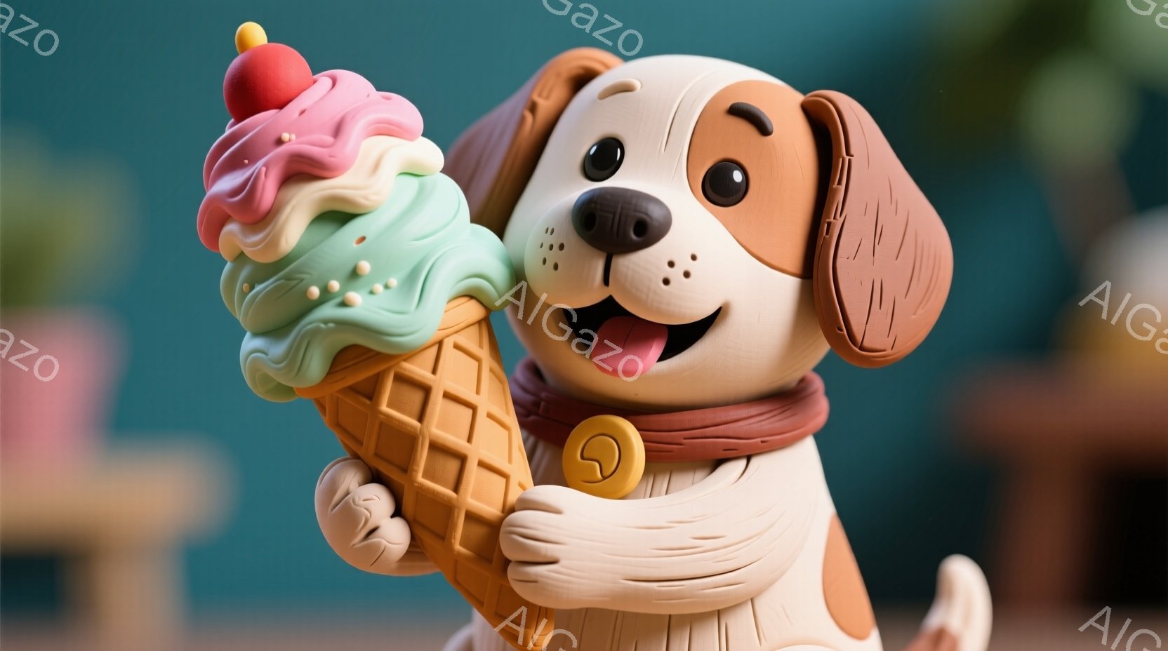 明るい茶色の毛並みを持つ犬が、大きなソフトクリームを両手で抱えています。笑顔で舌を出し、楽しそうな表情をしています。背景はぼやけており、淡いピンクと青の壁がわずかに見え、全体的に温かく可愛らしい雰囲気です。