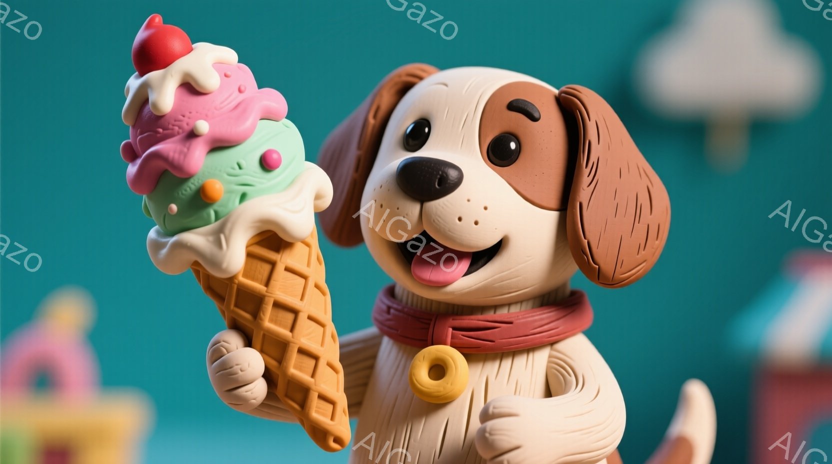 滑らかな質感の粘土のような犬が、大きなソフトクリームを片手で持っています。赤い首輪と黄色のチャームをつけており、嬉しそうな表情で口を開けています。背景には、カラフルな建物がぼやけており、暖かく遊び心のある雰囲気を作り出しています。